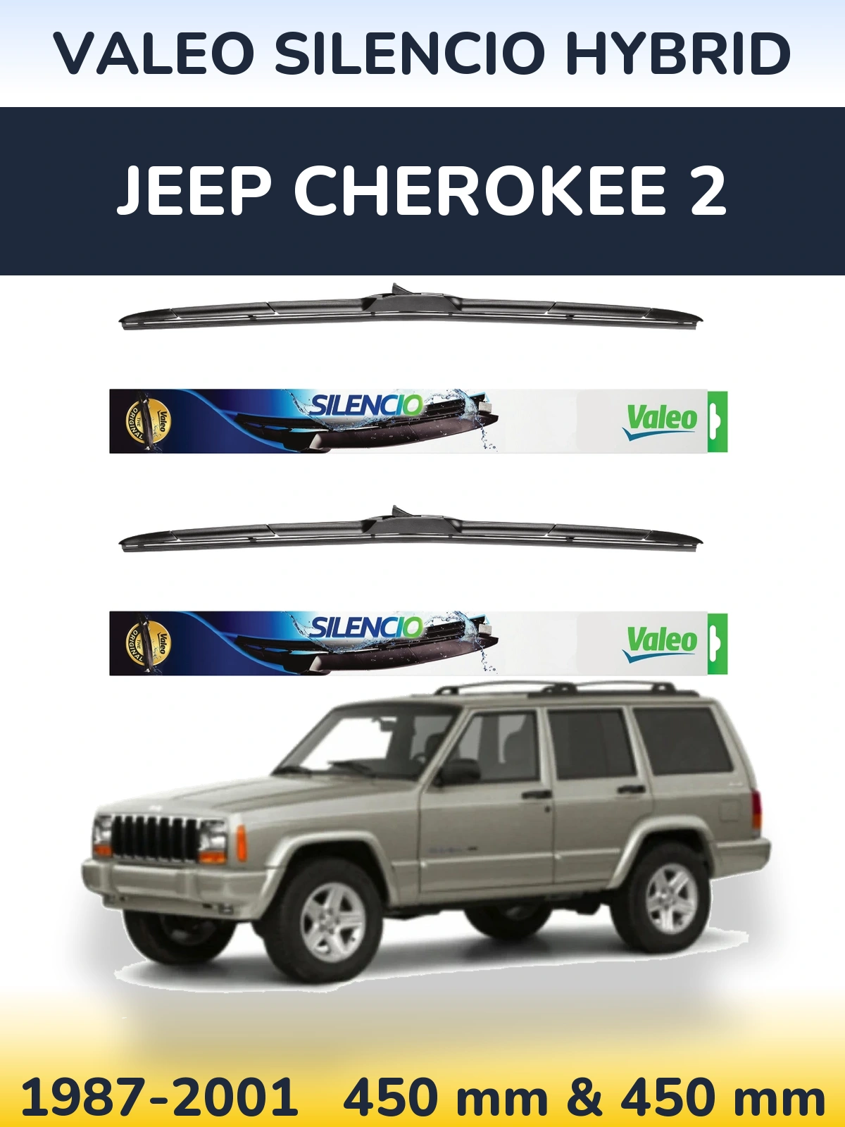 Sada předních stěračů Valeo Silencio Hybrid 450 a 450 mm pro Jeep Cherokee 2 1987-2001
