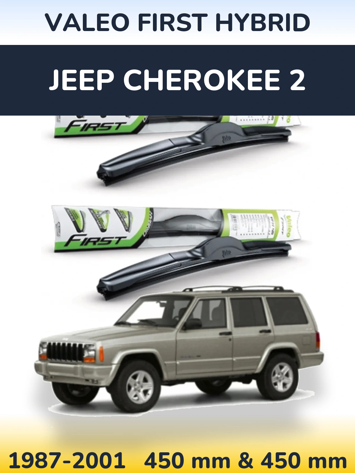 Sada předních stěračů Valeo First Hybrid 450 a 450 mm pro Jeep Cherokee 2 1987-2001