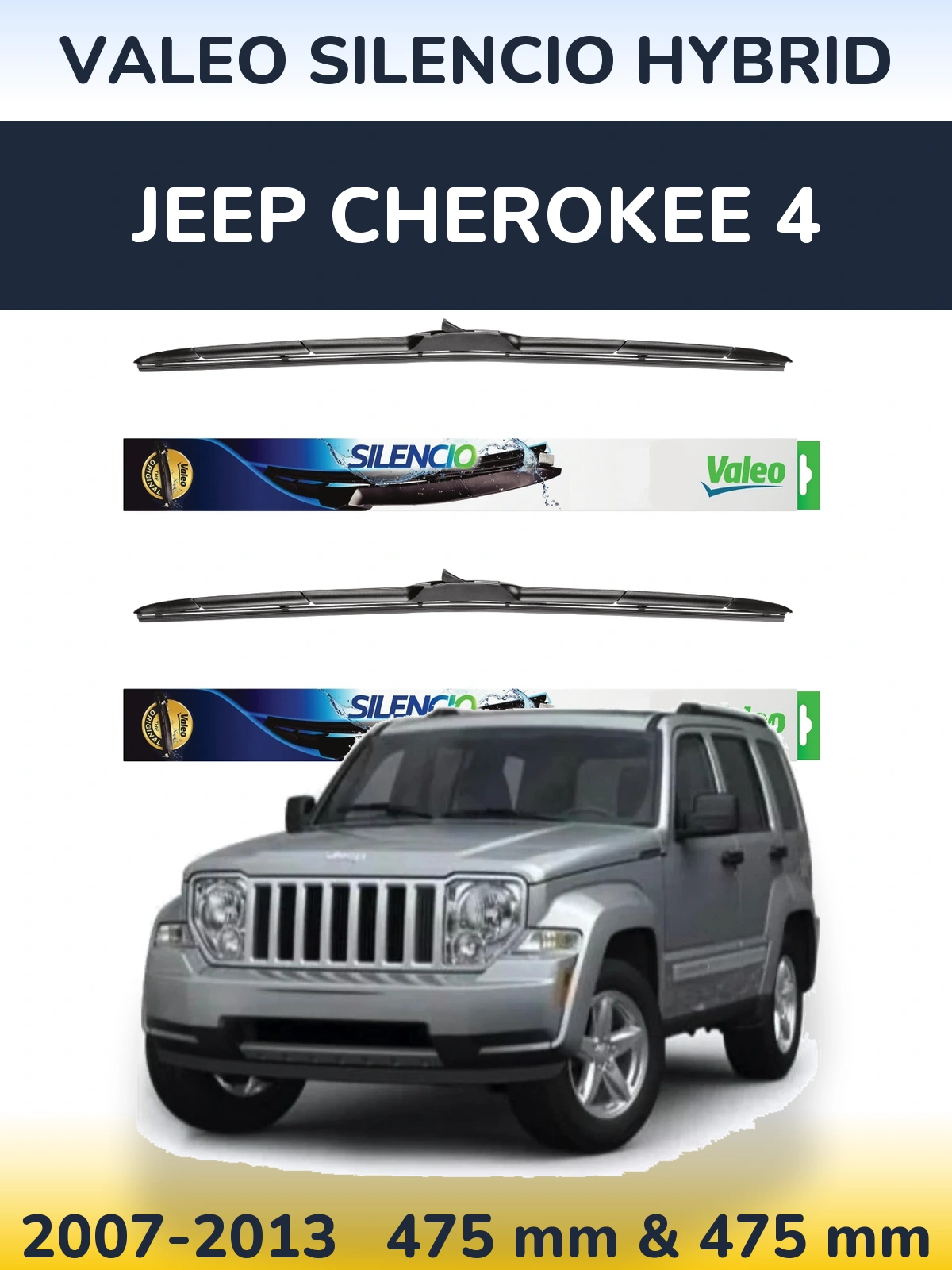 Sada předních stěračů Valeo Silencio Hybrid 475 a 475 mm pro Jeep Cherokee 4 2007-2013