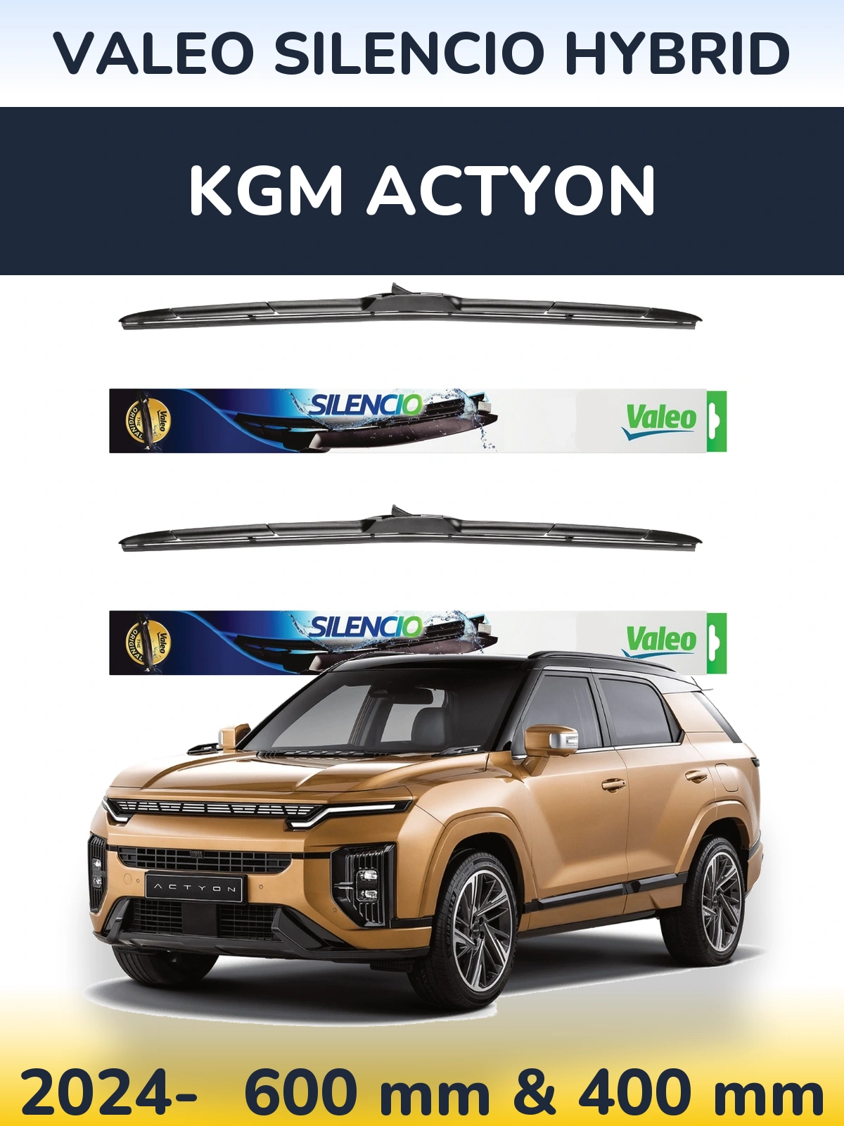 Sada předních stěračů Valeo Silencio Hybrid 600 a 400 mm pro KGM Actyon 2024-2026