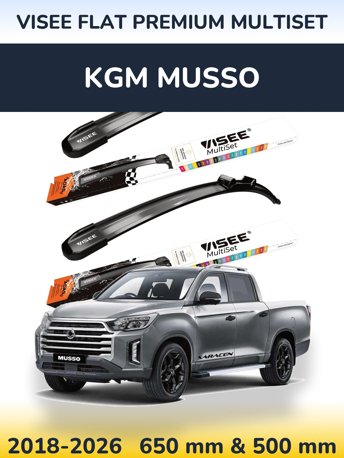 Sada předních stěračů VISEE FLAT PREMIUM MultiSet 650 a 500 mm pro KGM Musso 2018-2026