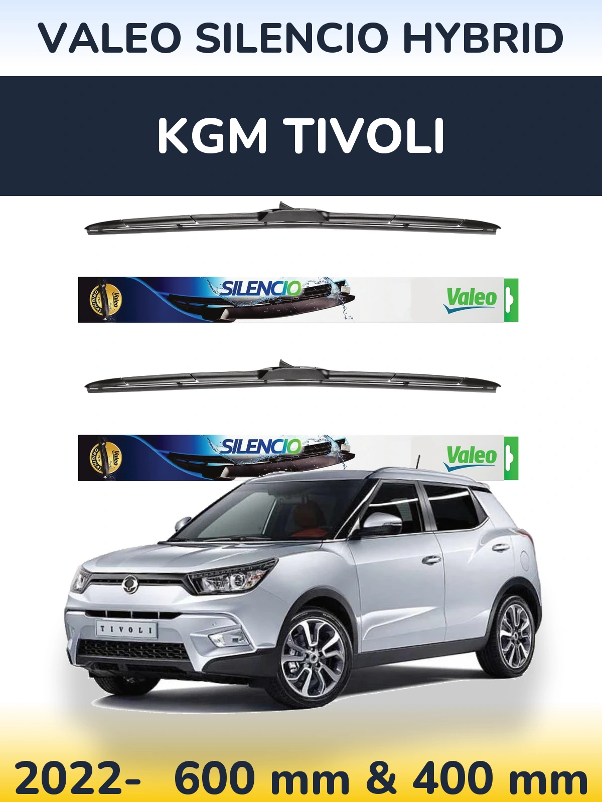 Sada předních stěračů Valeo Silencio Hybrid 600 a 400 mm pro KGM Tivoli 2022-2026