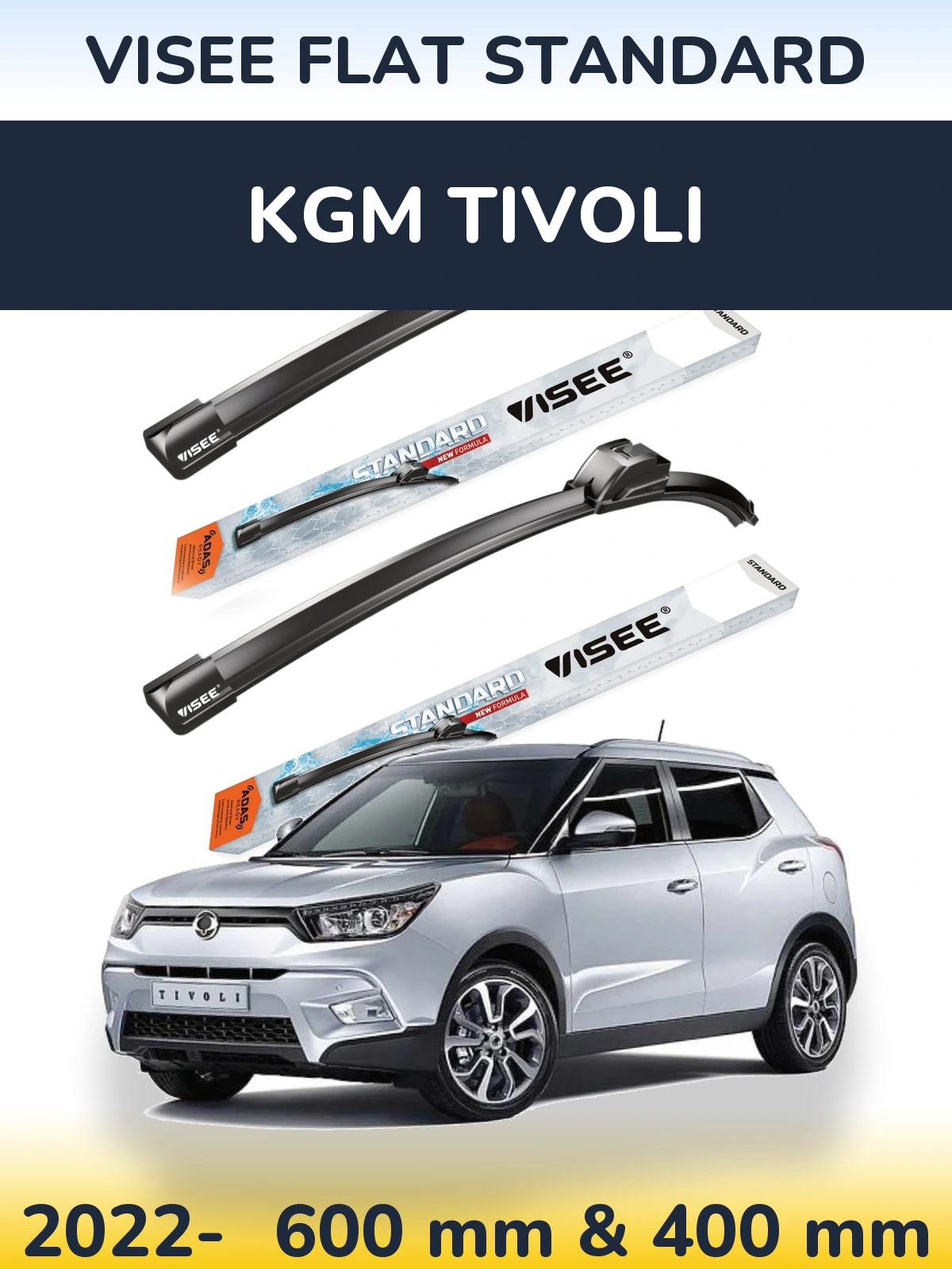 Sada předních stěračů VISEE FLAT STANDARD 600 a 400 mm pro KGM Tivoli 2022-2026