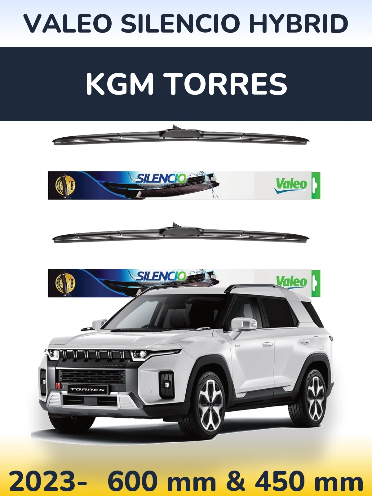 Sada předních stěračů Valeo Silencio Hybrid 600 a 450 mm pro KGM Torres 2023-2026