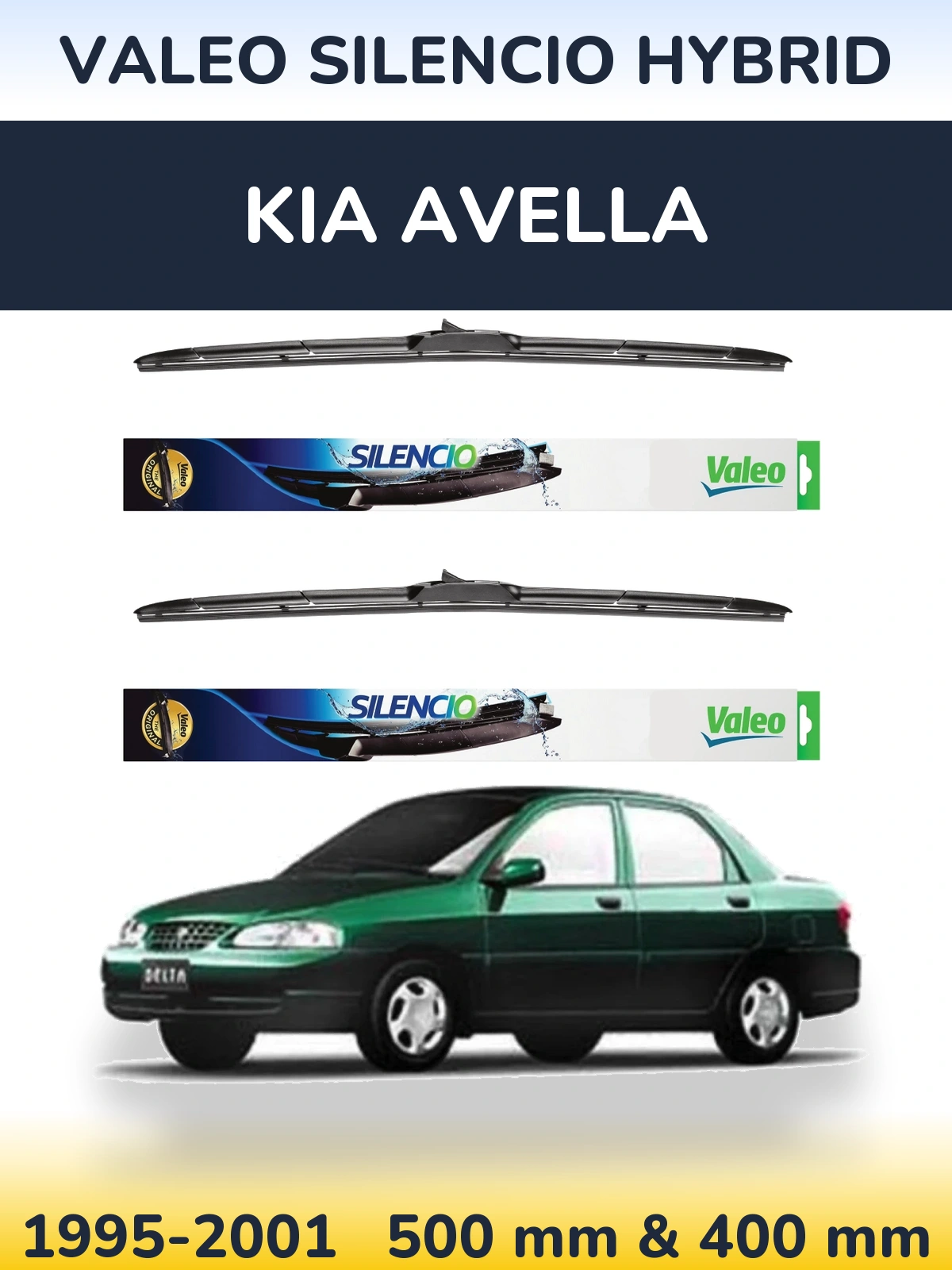 Sada předních stěračů Valeo Silencio Hybrid 500 a 400 mm pro KIA Avella 1995-2001