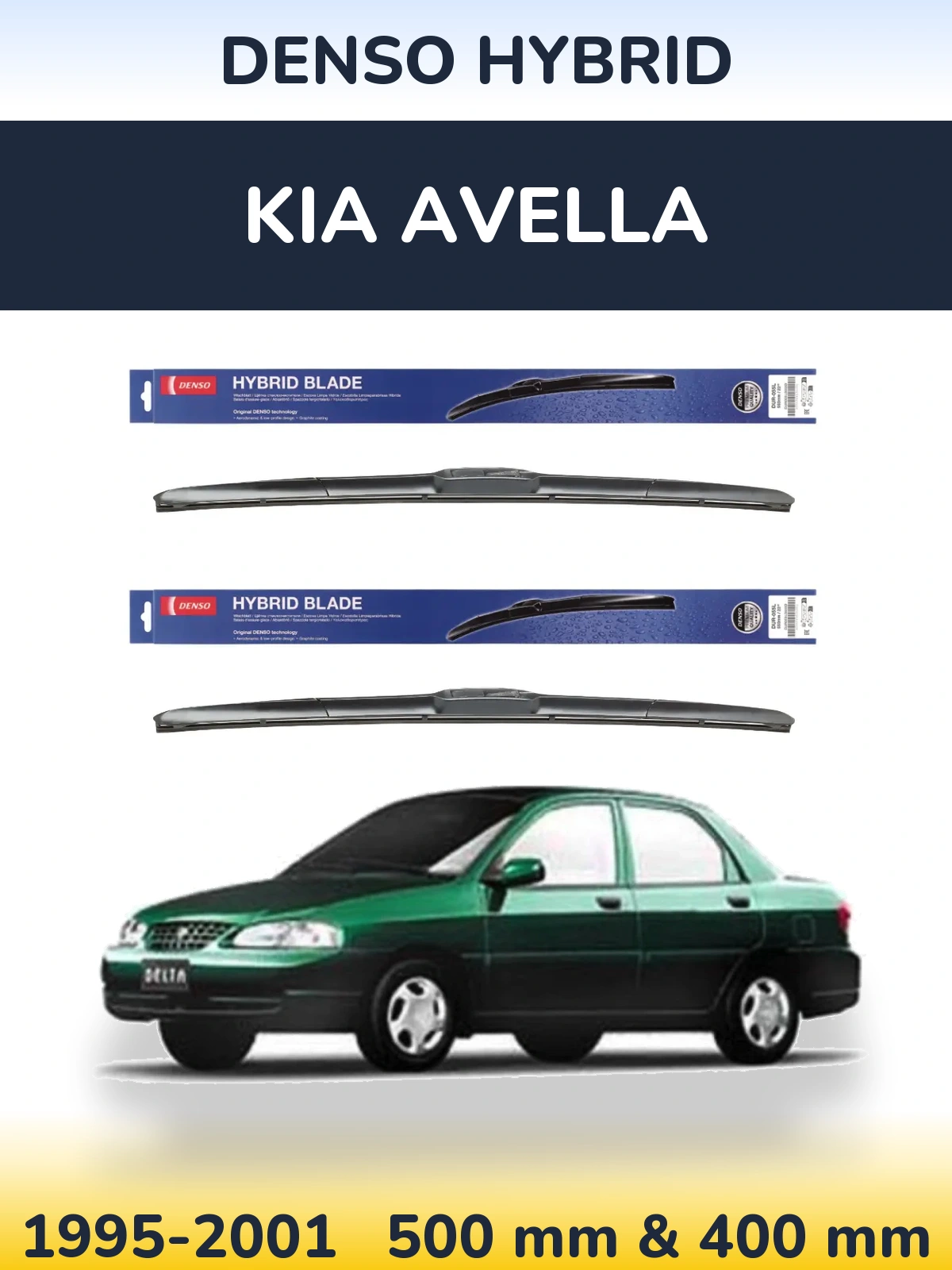 Sada předních stěračů Denso Hybrid 500 a 400 mm pro KIA Avella 1995-2001