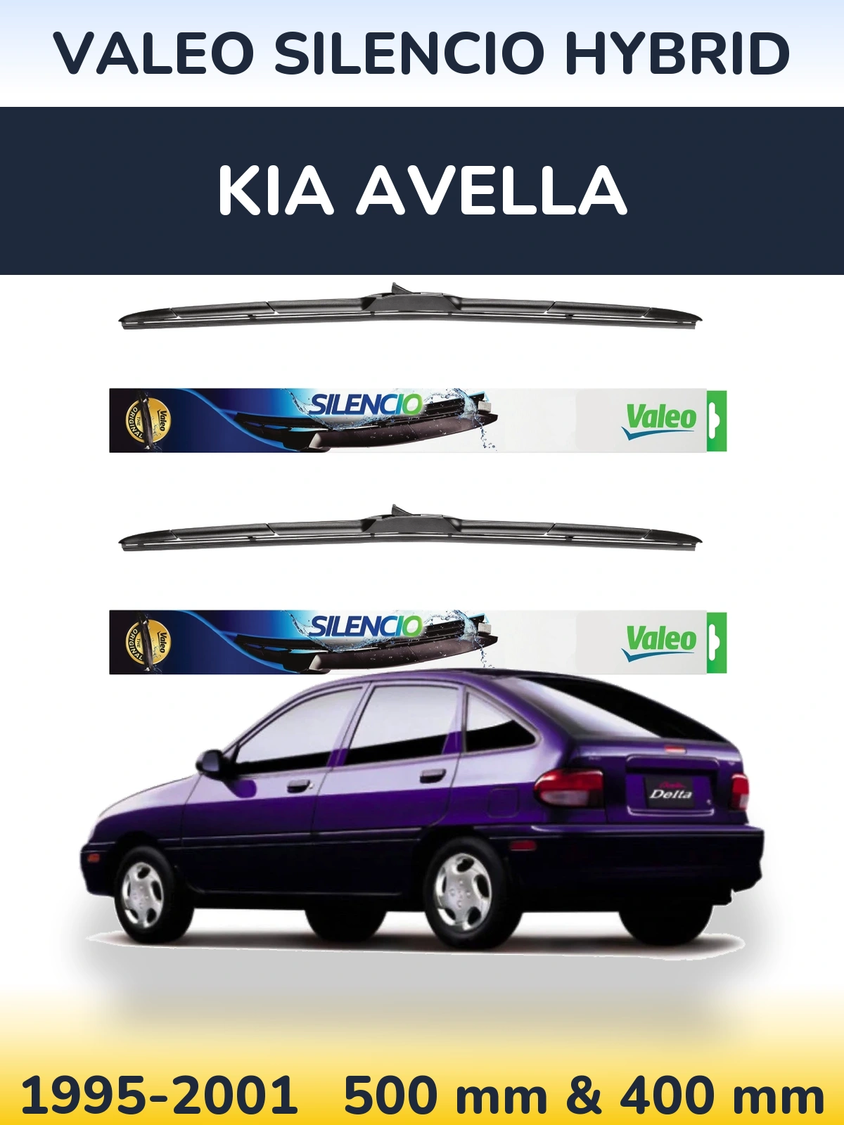 Sada předních stěračů Valeo Silencio Hybrid 500 a 400 mm pro KIA Avella 1995-2001
