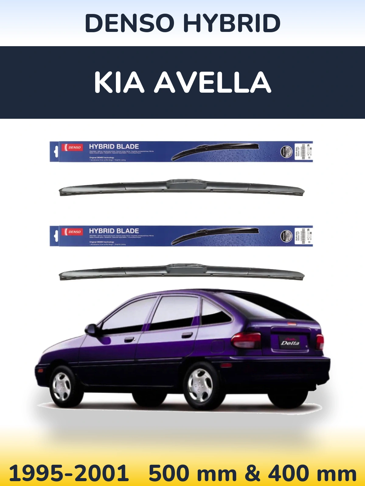 Sada předních stěračů Denso Hybrid 500 a 400 mm pro KIA Avella 1995-2001