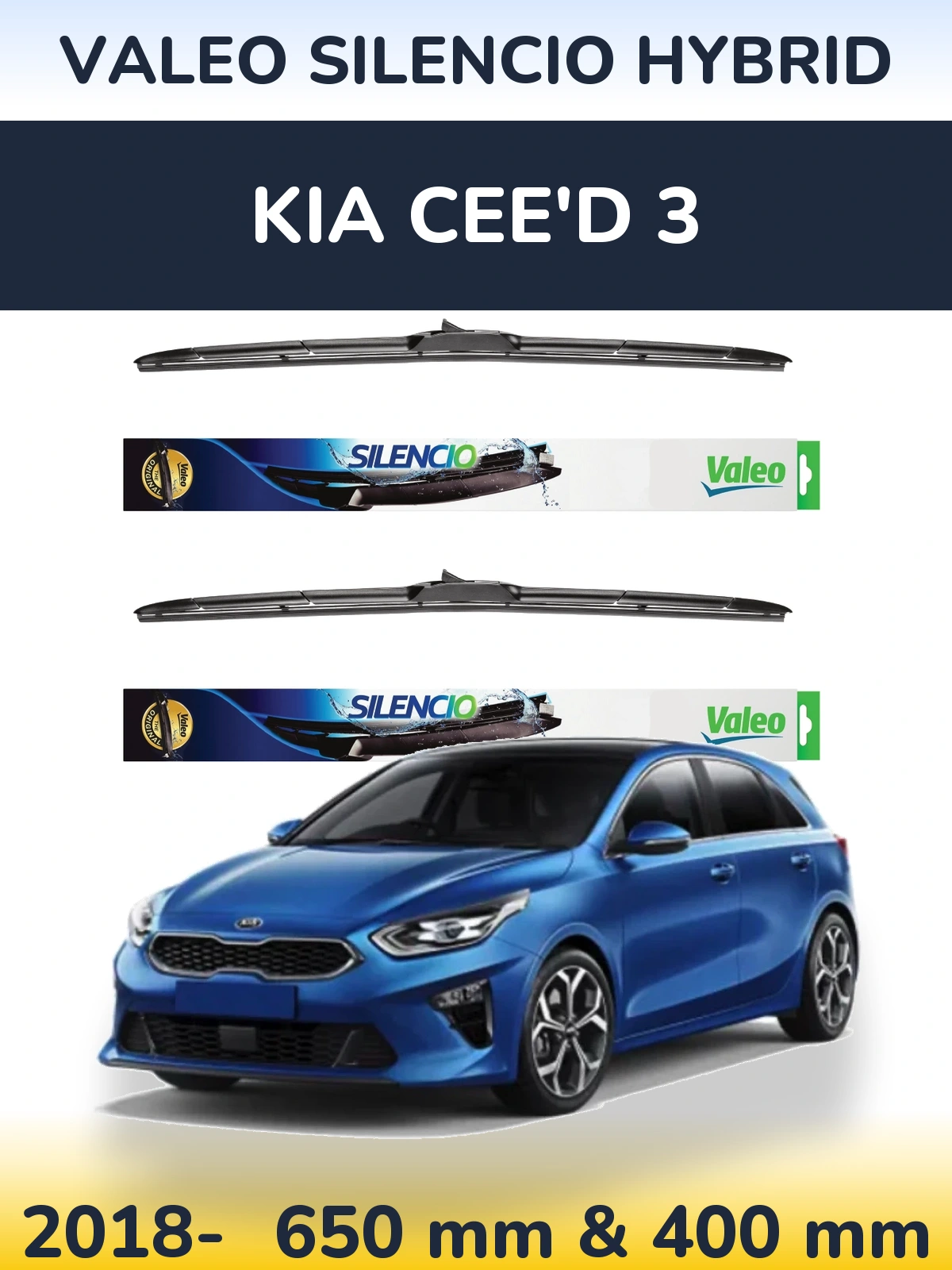 Sada předních stěračů Valeo Silencio Hybrid 650 a 400 mm pro KIA Cee'd 3 2018-2026
