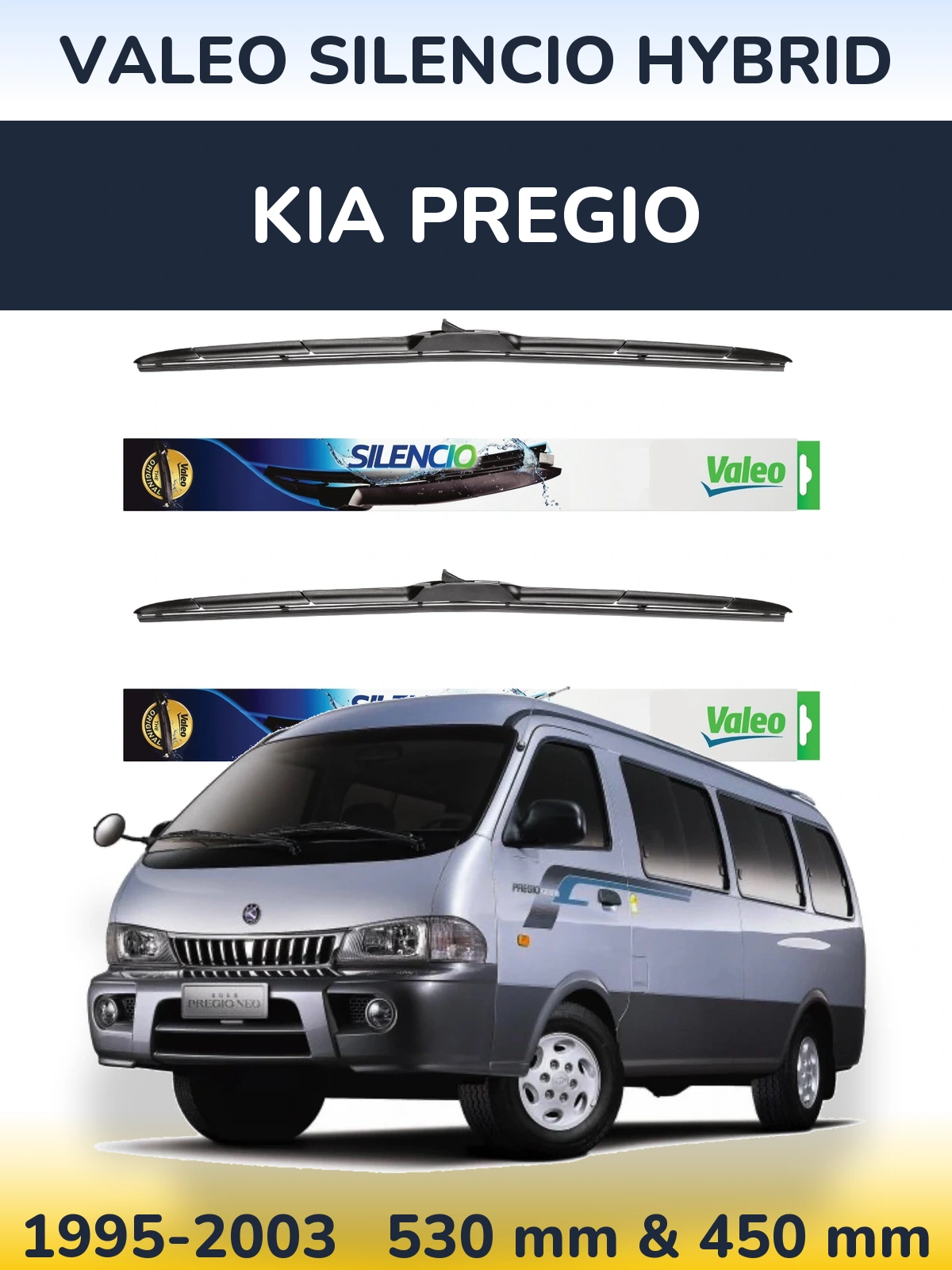 Комплект передніх щіток Valeo Silencio Hybrid 530 & 450 мм для KIA Pregio 1995-2003
