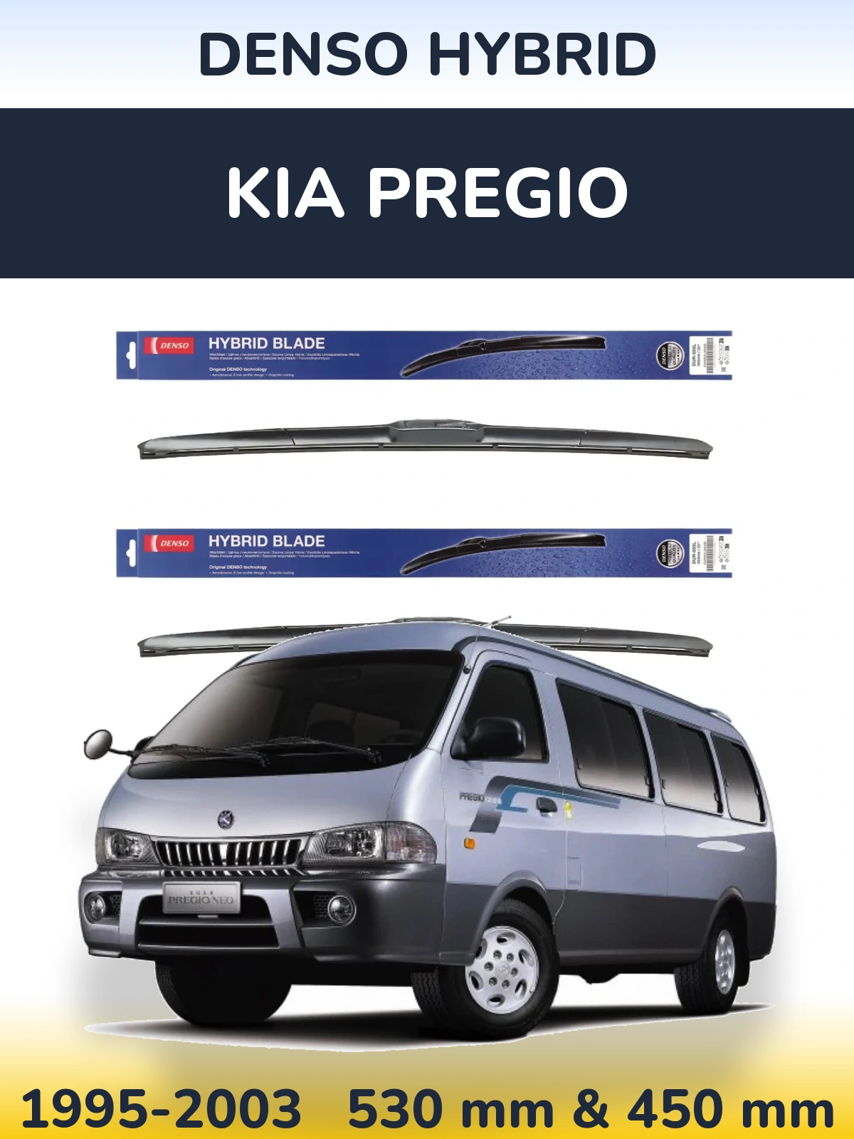 Sada předních stěračů Denso Hybrid 530 a 450 mm pro KIA Pregio 1995-2003
