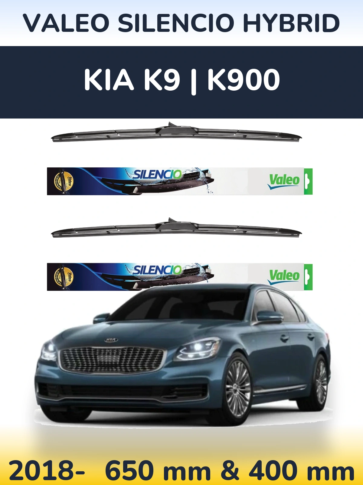 Sada předních stěračů Valeo Silencio Hybrid 650 a 400 mm pro KIA K9 | K900 2018-2026