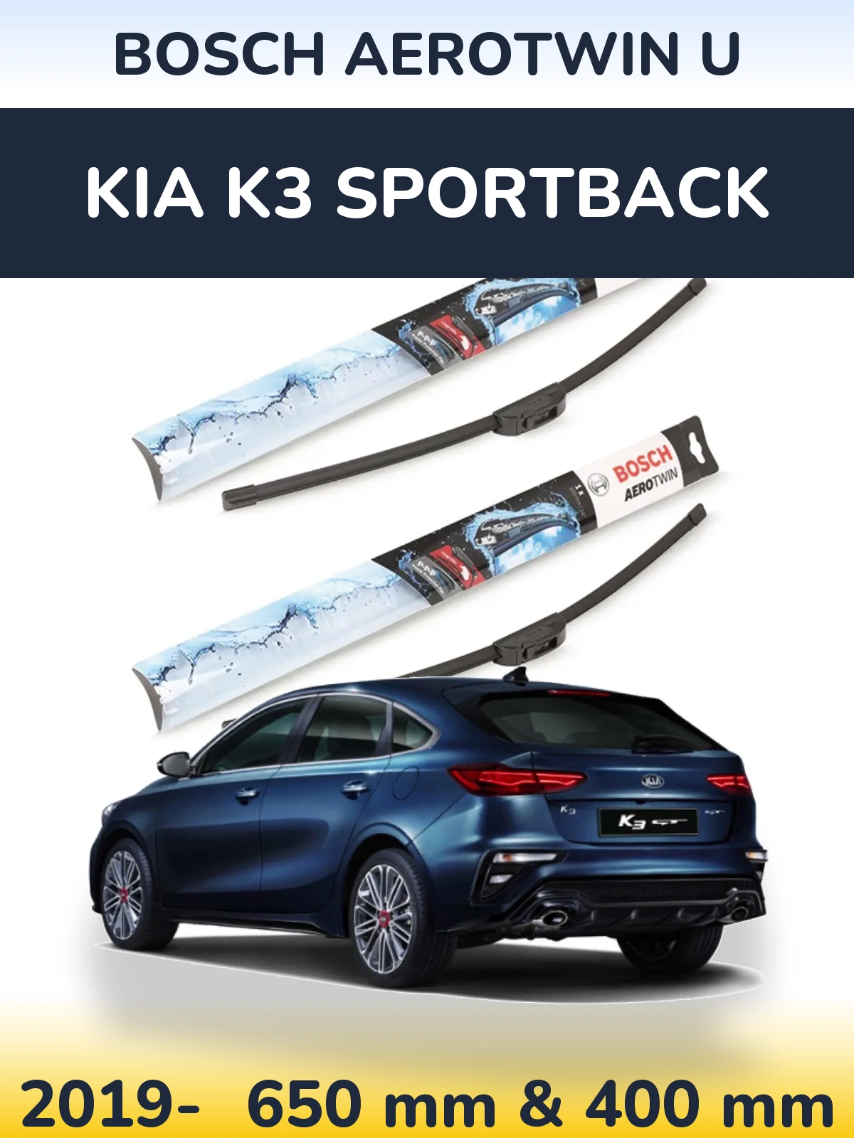 Sada předních stěračů BOSCH AeroTwin U 650 a 400 mm pro KIA K3 Sportback 2019-2026