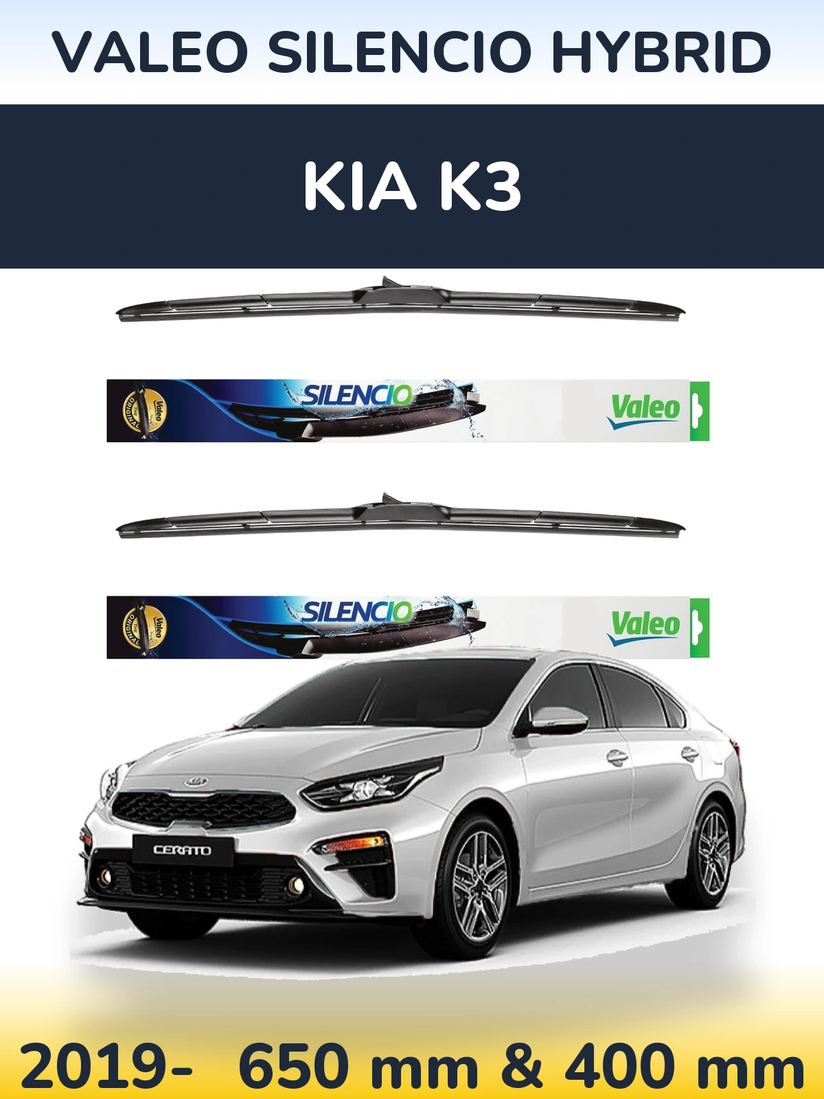 Комплект передніх щіток Valeo Silencio Hybrid 650 & 400 мм для KIA K3 2019-2026