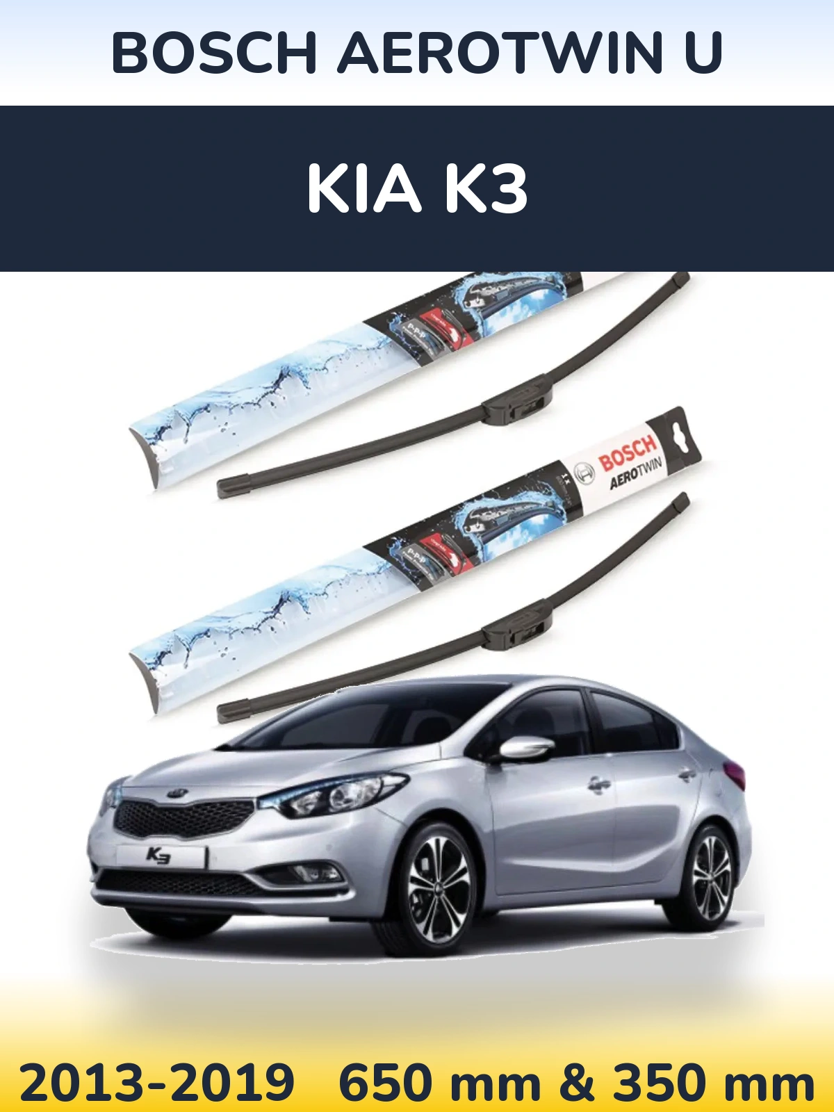 Sada předních stěračů BOSCH AeroTwin U 650 a 350 mm pro KIA K3 2013-2019