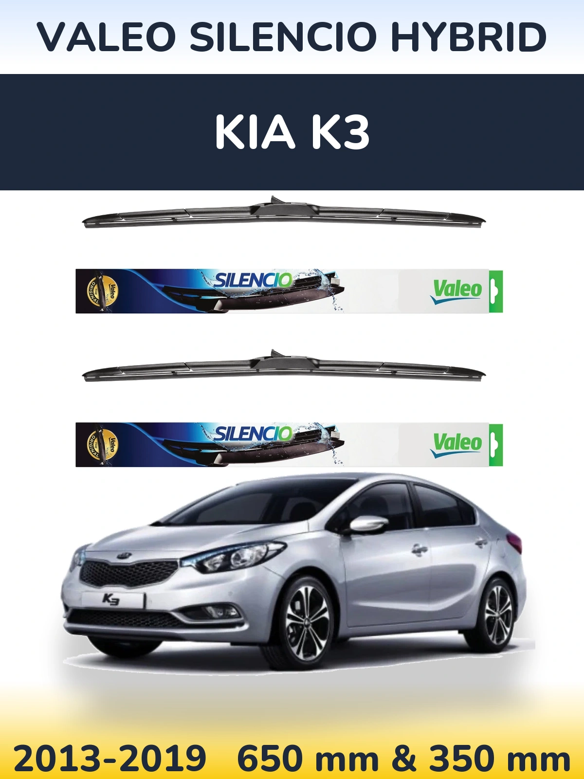 Sada předních stěračů Valeo Silencio Hybrid 650 a 350 mm pro KIA K3 2013-2019
