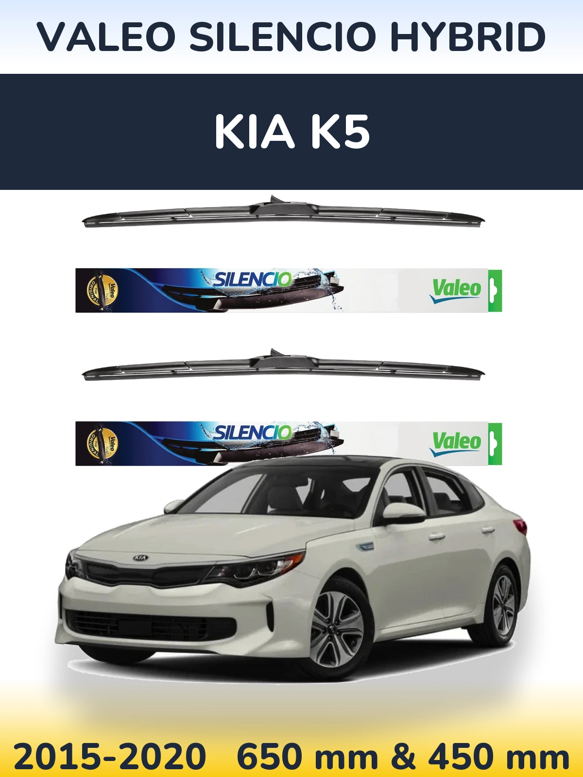 Sada předních stěračů Valeo Silencio Hybrid 650 a 450 mm pro KIA K5 2015-2020