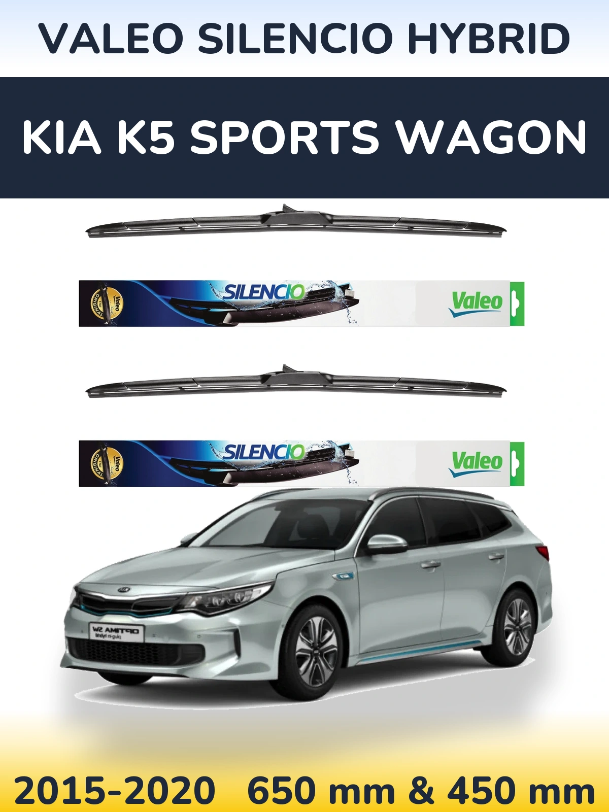 Sada předních stěračů Valeo Silencio Hybrid 650 a 450 mm pro KIA K5 Sports Wagon 2015-2020