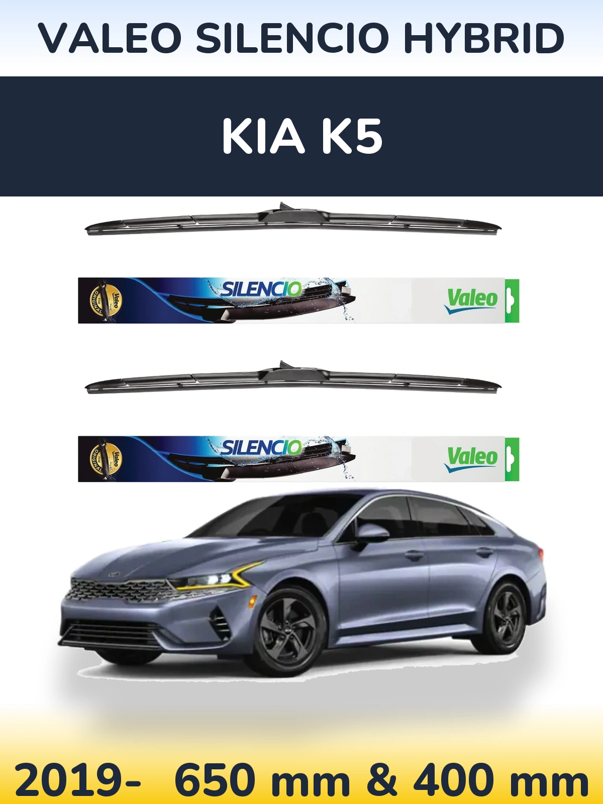 Sada předních stěračů Valeo Silencio Hybrid 650 a 400 mm pro KIA K5 2019-2026