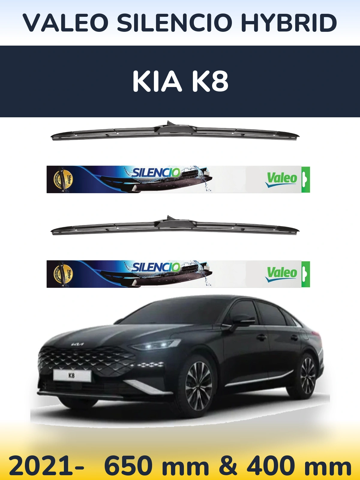 Sada předních stěračů Valeo Silencio Hybrid 650 a 400 mm pro KIA K8 2021-2026