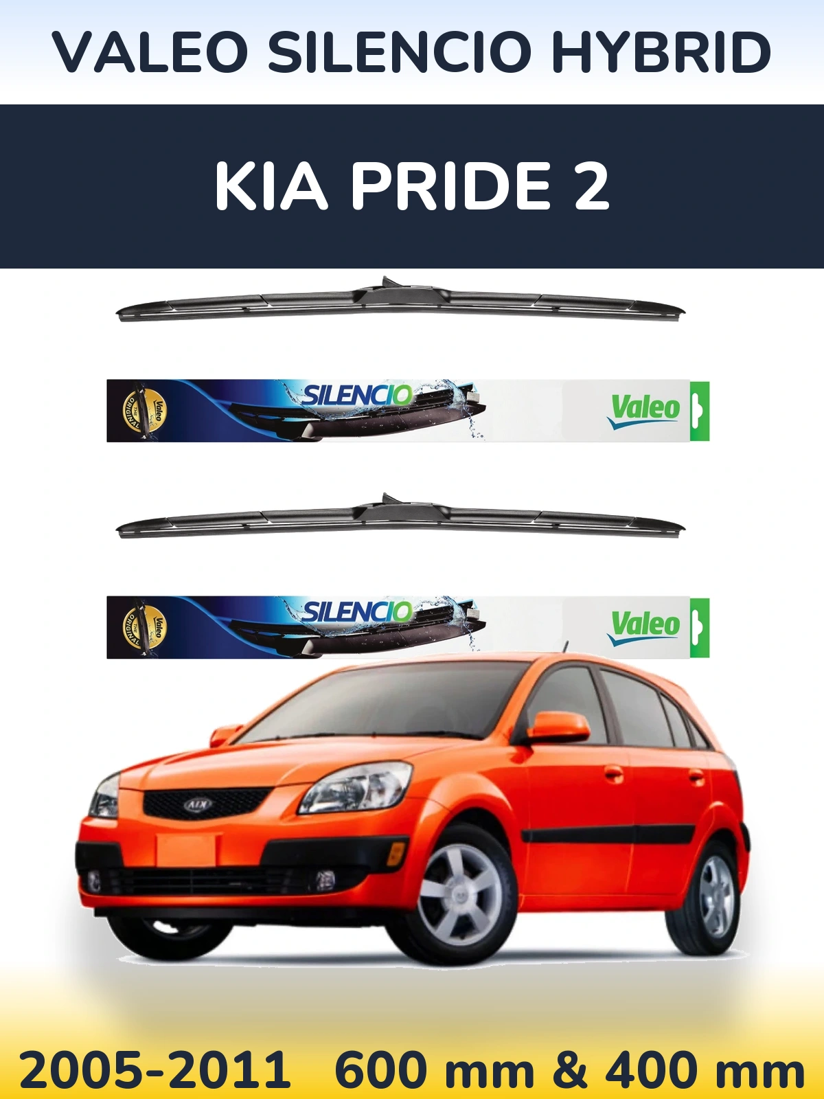 Sada předních stěračů Valeo Silencio Hybrid 600 a 400 mm pro KIA Pride 2 2005-2011