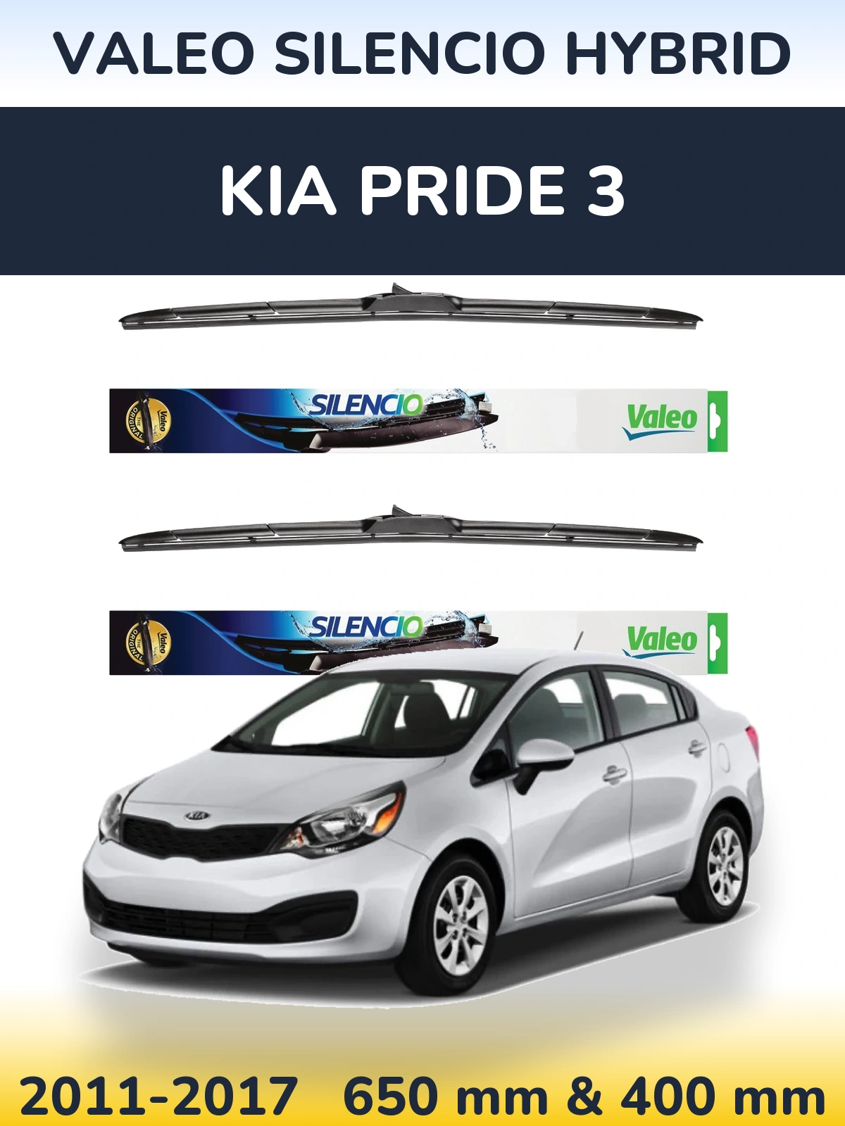 Sada předních stěračů Valeo Silencio Hybrid 650 a 400 mm pro KIA Pride 3 2011-2017
