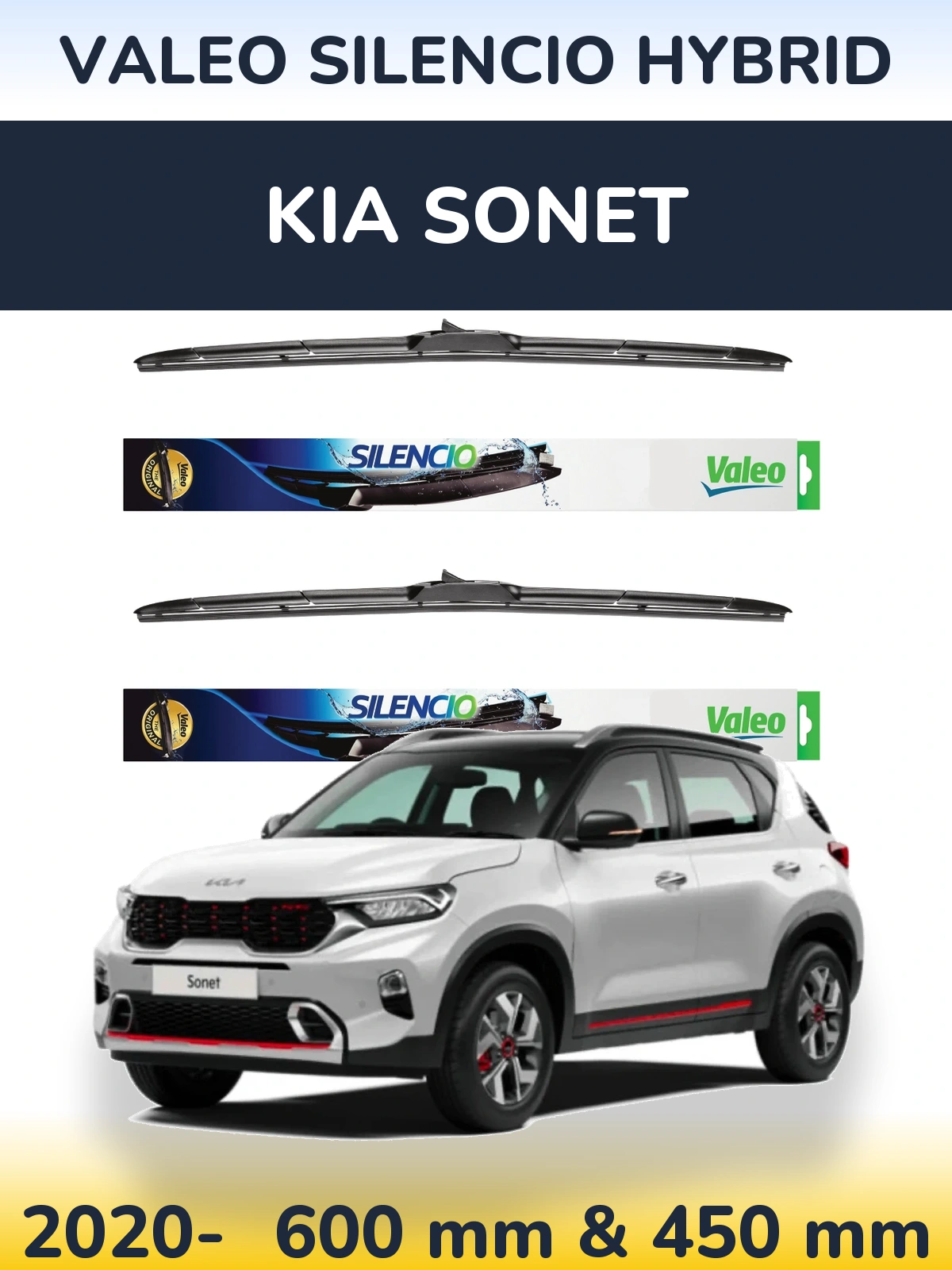 Sada předních stěračů Valeo Silencio Hybrid 600 a 450 mm pro KIA Sonet 2020-2026