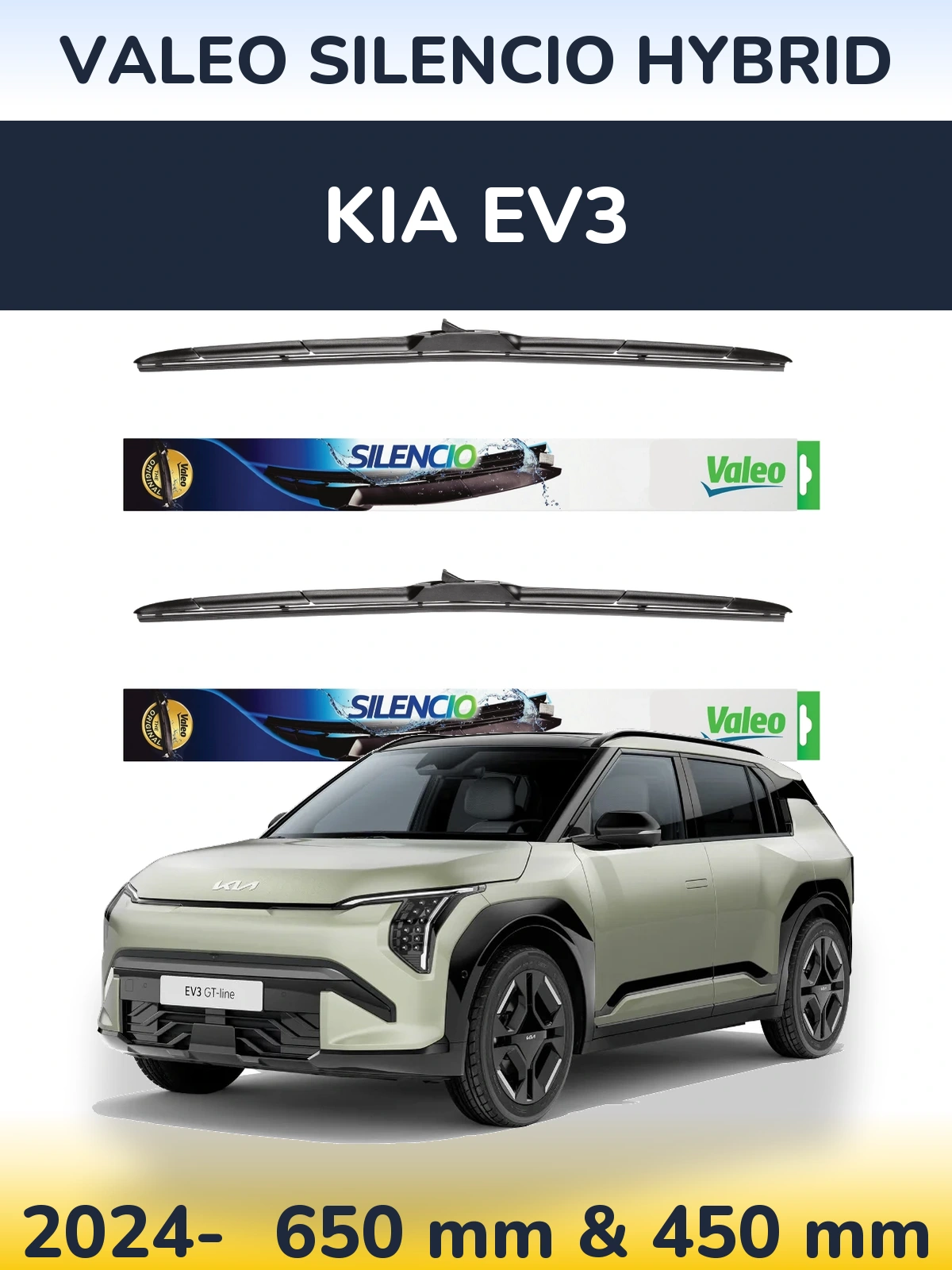 Sada předních stěračů Valeo Silencio Hybrid 650 a 450 mm pro KIA EV3 2024-2026