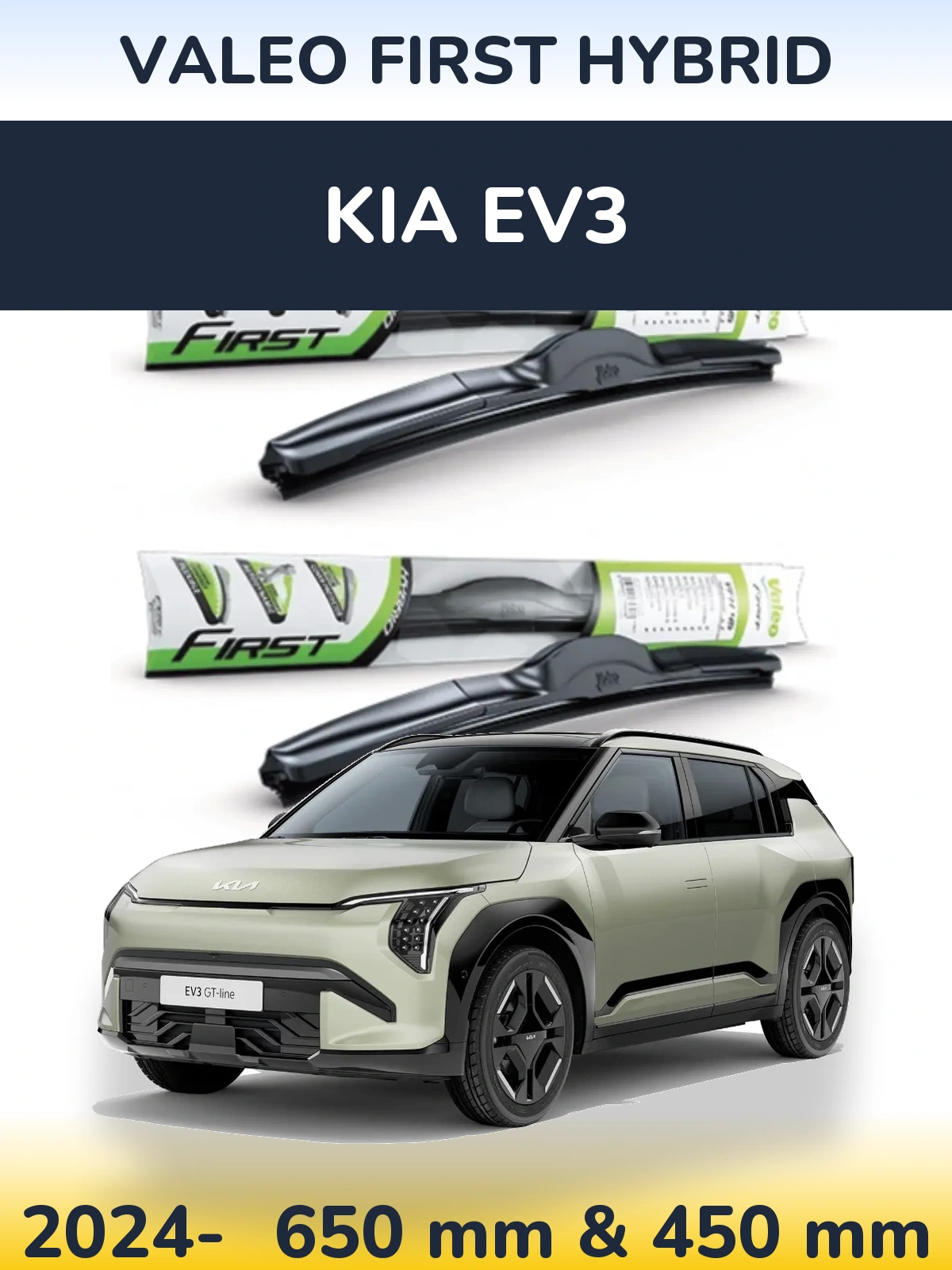 Sada předních stěračů Valeo First Hybrid 650 a 450 mm pro KIA EV3 2024-2026