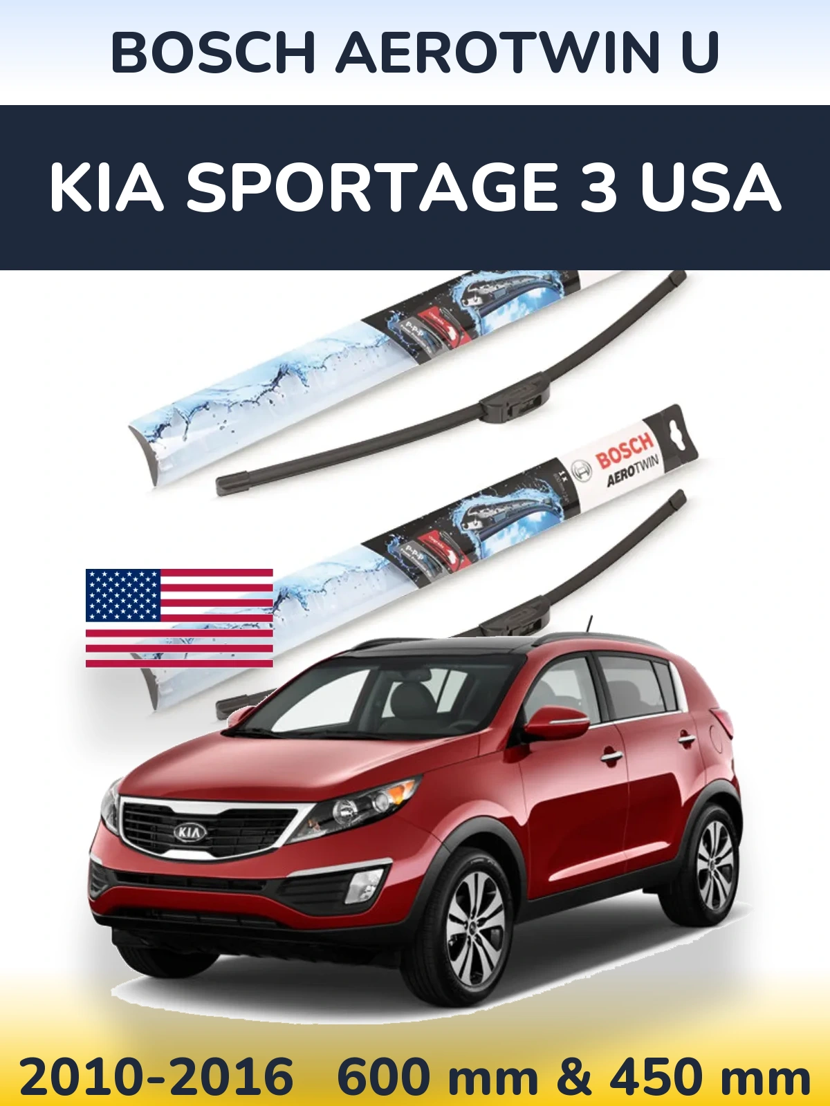 Sada předních stěračů BOSCH AeroTwin U 600 a 450 mm pro KIA Sportage 3 USA 2010-2016