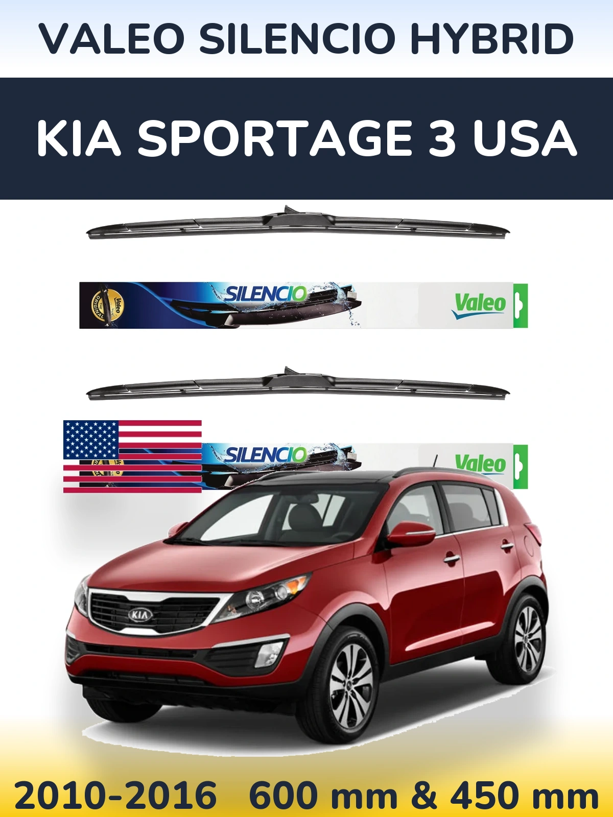 Sada předních stěračů Valeo Silencio Hybrid 600 a 450 mm pro KIA Sportage 3 USA 2010-2016