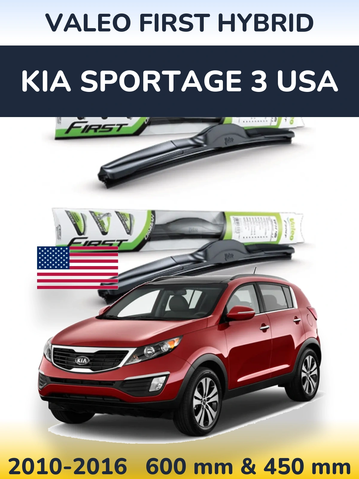 Sada předních stěračů Valeo First Hybrid 600 a 450 mm pro KIA Sportage 3 USA 2010-2016
