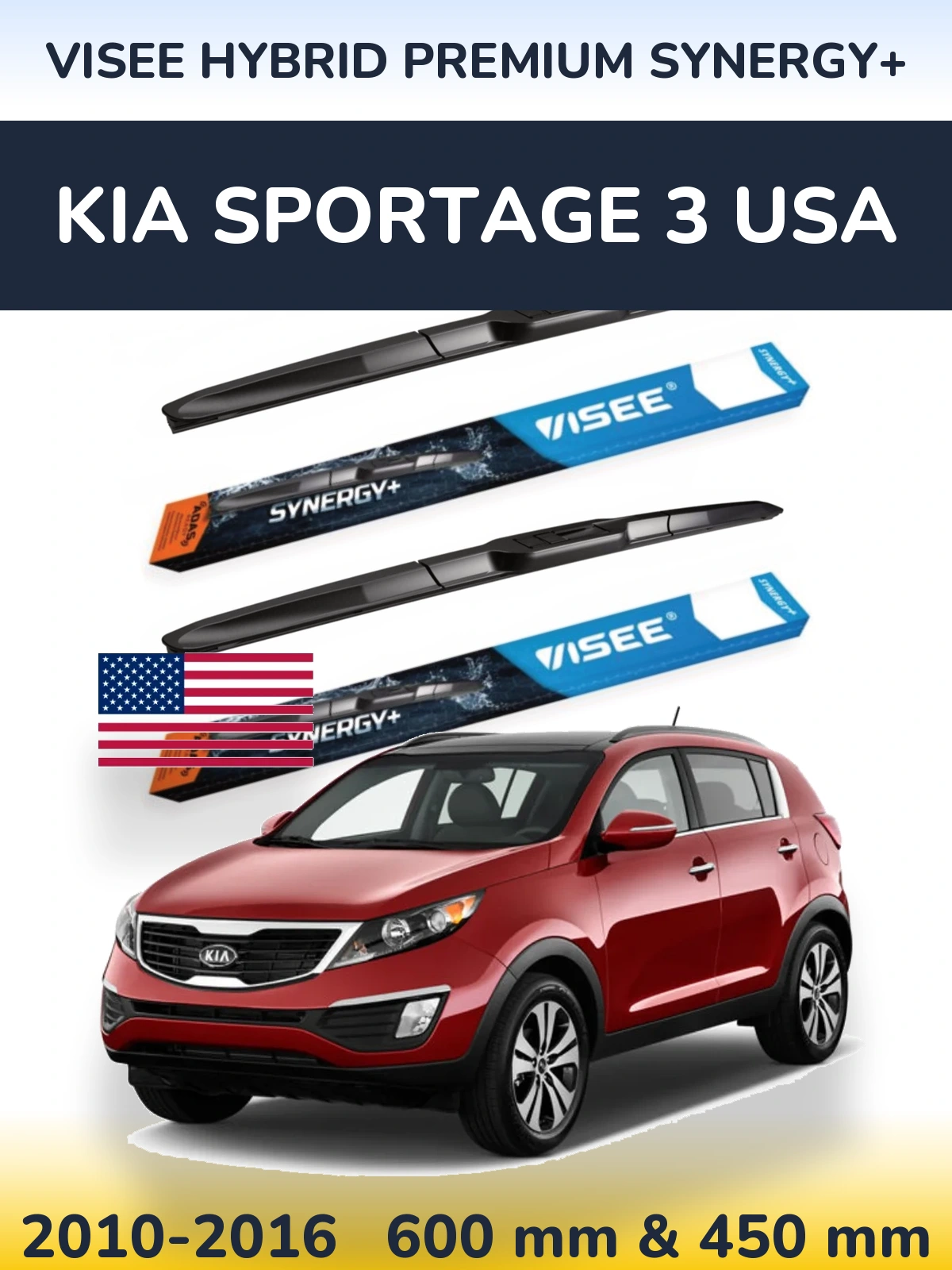 Комплект передніх щіток VISEE HYBRID PREMIUM SYNERGY+ 600 & 450 мм для KIA Sportage 3 USA 2010-2016