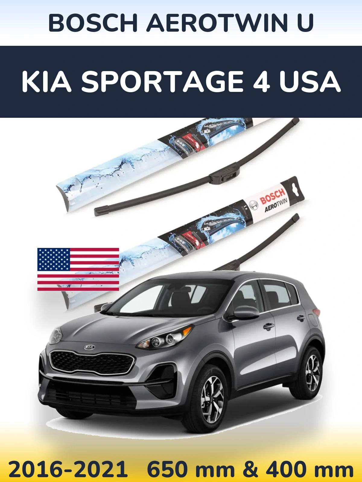Sada předních stěračů BOSCH AeroTwin U 650 a 400 mm pro KIA Sportage 4 USA 2016-2021