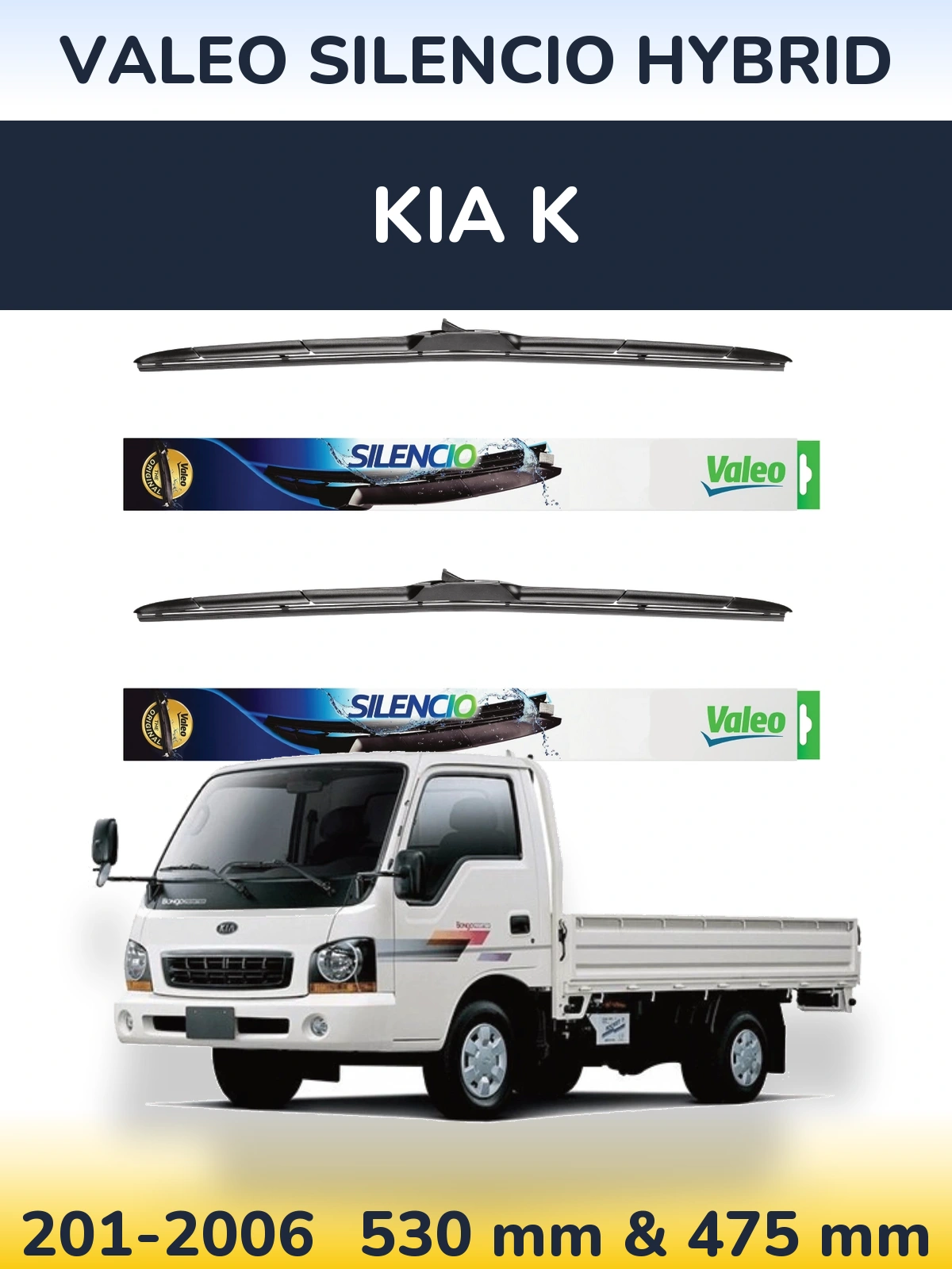 Sada předních stěračů Valeo Silencio Hybrid 530 a 475 mm pro KIA K 201-2006
