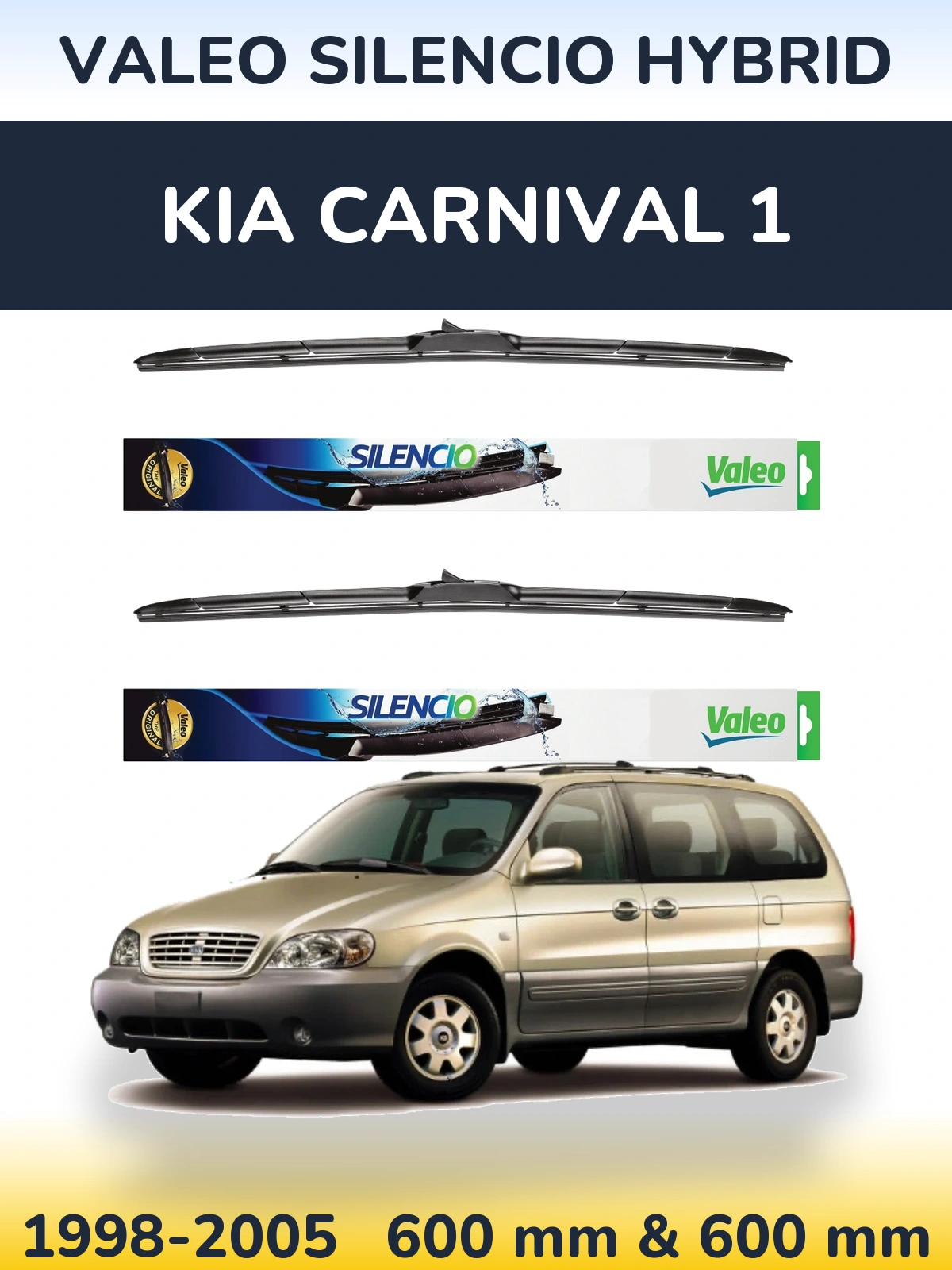 Sada předních stěračů Valeo Silencio Hybrid 600 a 600 mm pro KIA Carnival 1 1998-2005