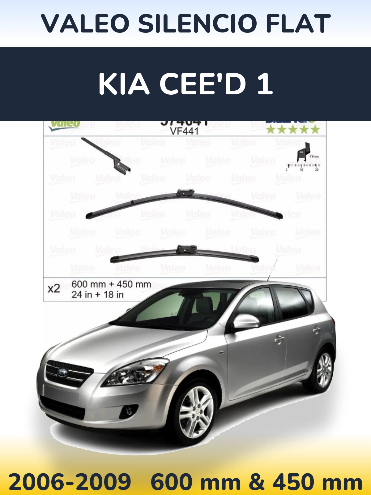 Sada předních stěračů Valeo Silencio Flat 600 a 450 mm pro KIA Cee'd 1 2006-2009