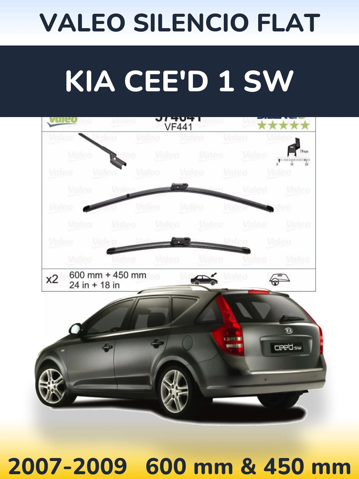 Sada předních stěračů Valeo Silencio Flat 600 a 450 mm pro KIA Cee'd 1 SW 2007-2009