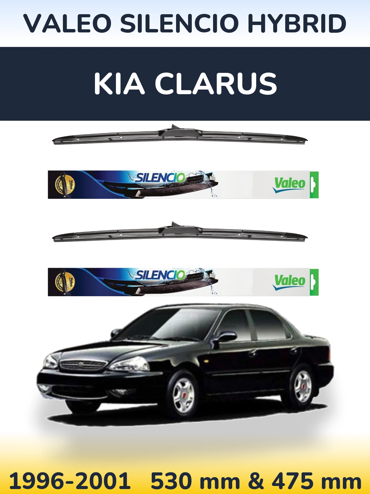 Sada předních stěračů Valeo Silencio Hybrid 530 a 475 mm pro KIA Clarus 1996-2001
