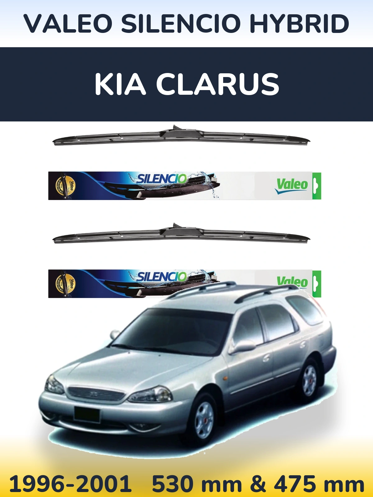 Sada předních stěračů Valeo Silencio Hybrid 530 a 475 mm pro KIA Clarus 1996-2001