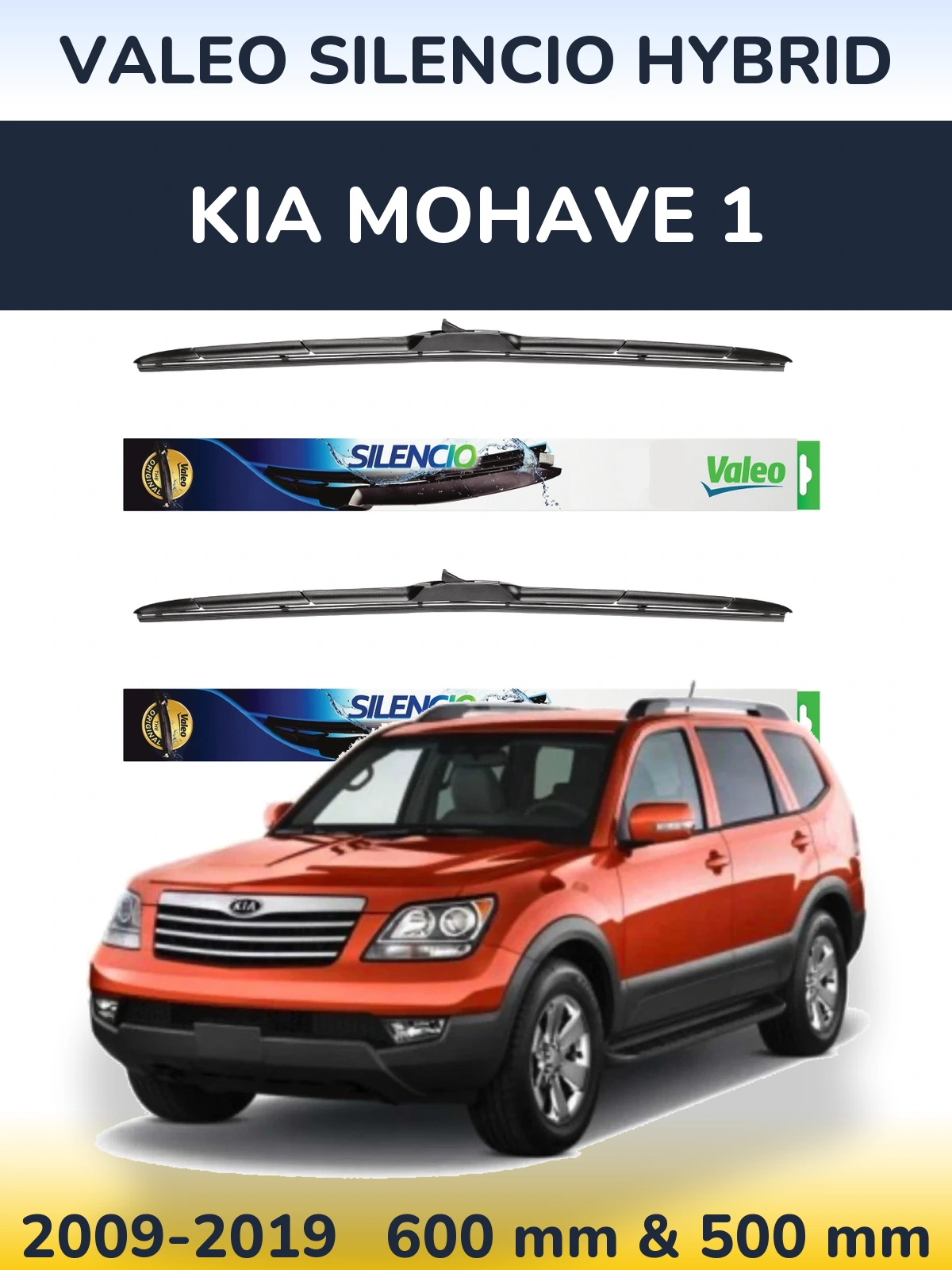 Sada předních stěračů Valeo Silencio Hybrid 600 a 500 mm pro KIA Mohave 1 2009-2019