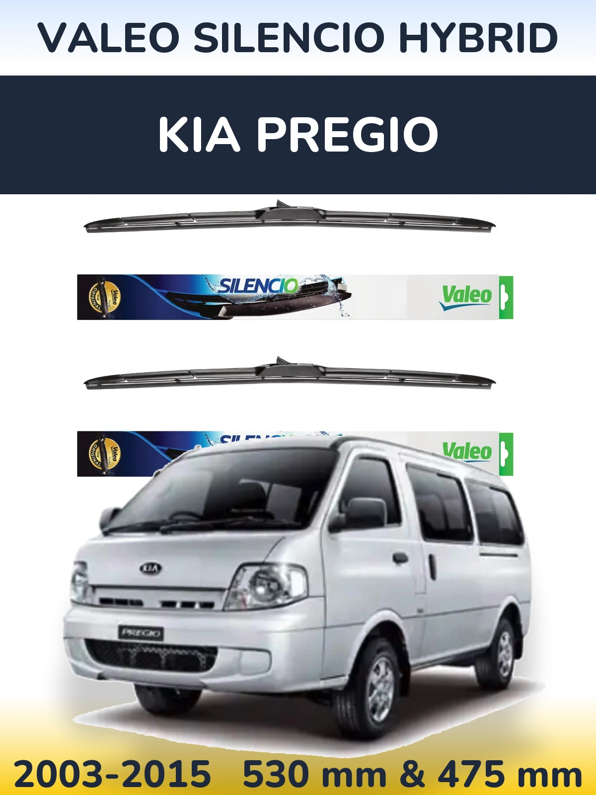 Sada předních stěračů Valeo Silencio Hybrid 530 a 475 mm pro KIA Pregio 2003-2015