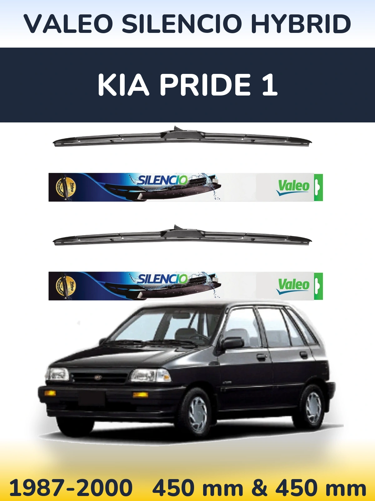 Sada předních stěračů Valeo Silencio Hybrid 450 a 450 mm pro KIA Pride 1 1987-2000