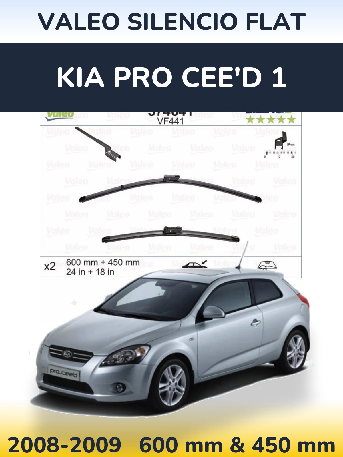 Sada předních stěračů Valeo Silencio Flat 600 a 450 mm pro KIA Pro Cee'd 1 2008-2009