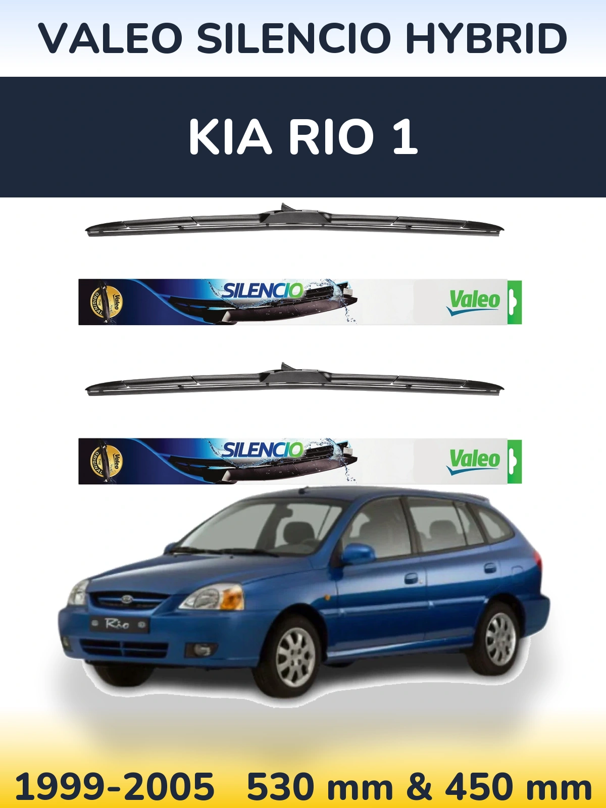 Sada předních stěračů Valeo Silencio Hybrid 530 a 450 mm pro KIA Rio 1 1999-2005
