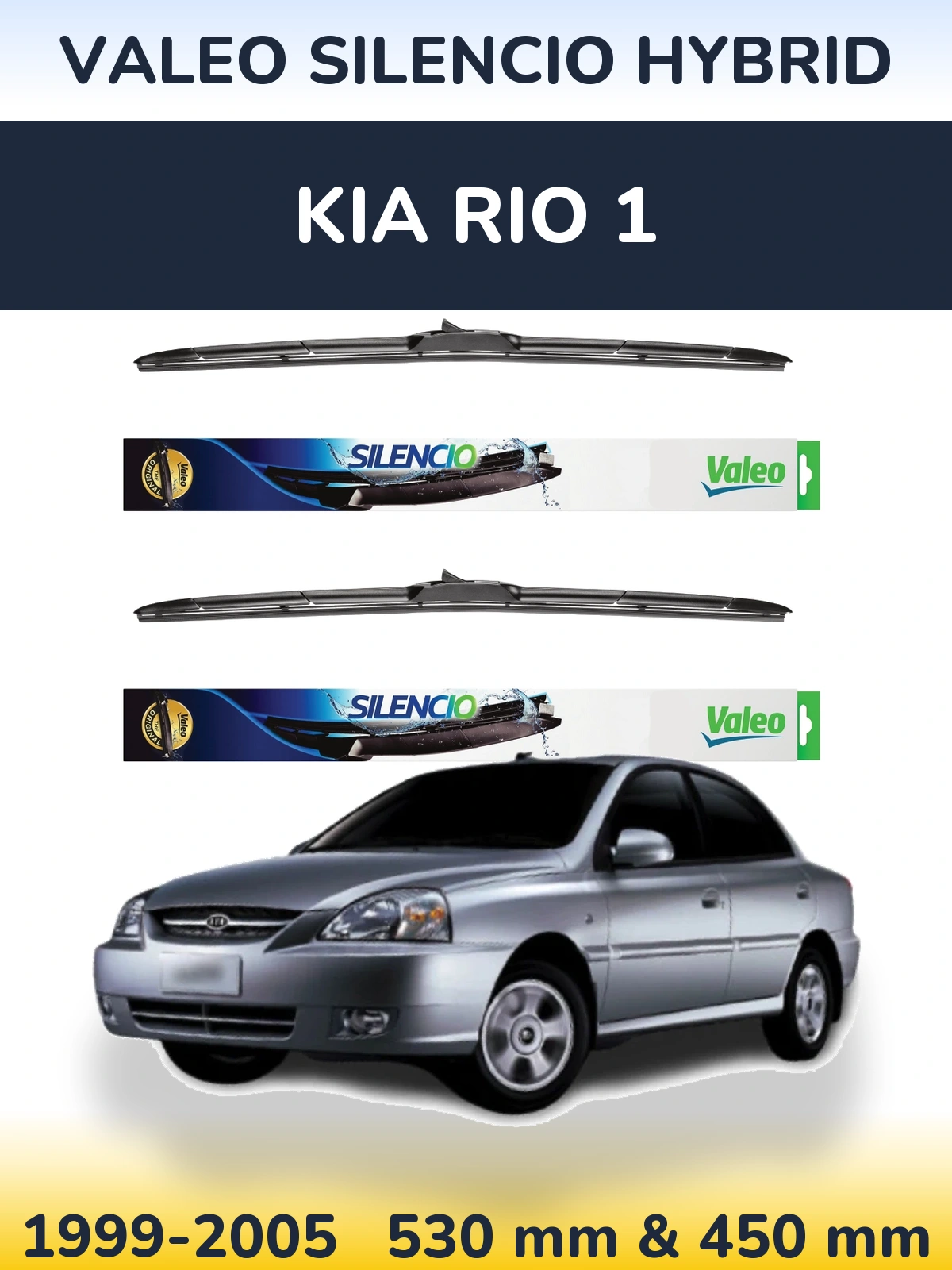 Sada předních stěračů Valeo Silencio Hybrid 530 a 450 mm pro KIA Rio 1 1999-2005