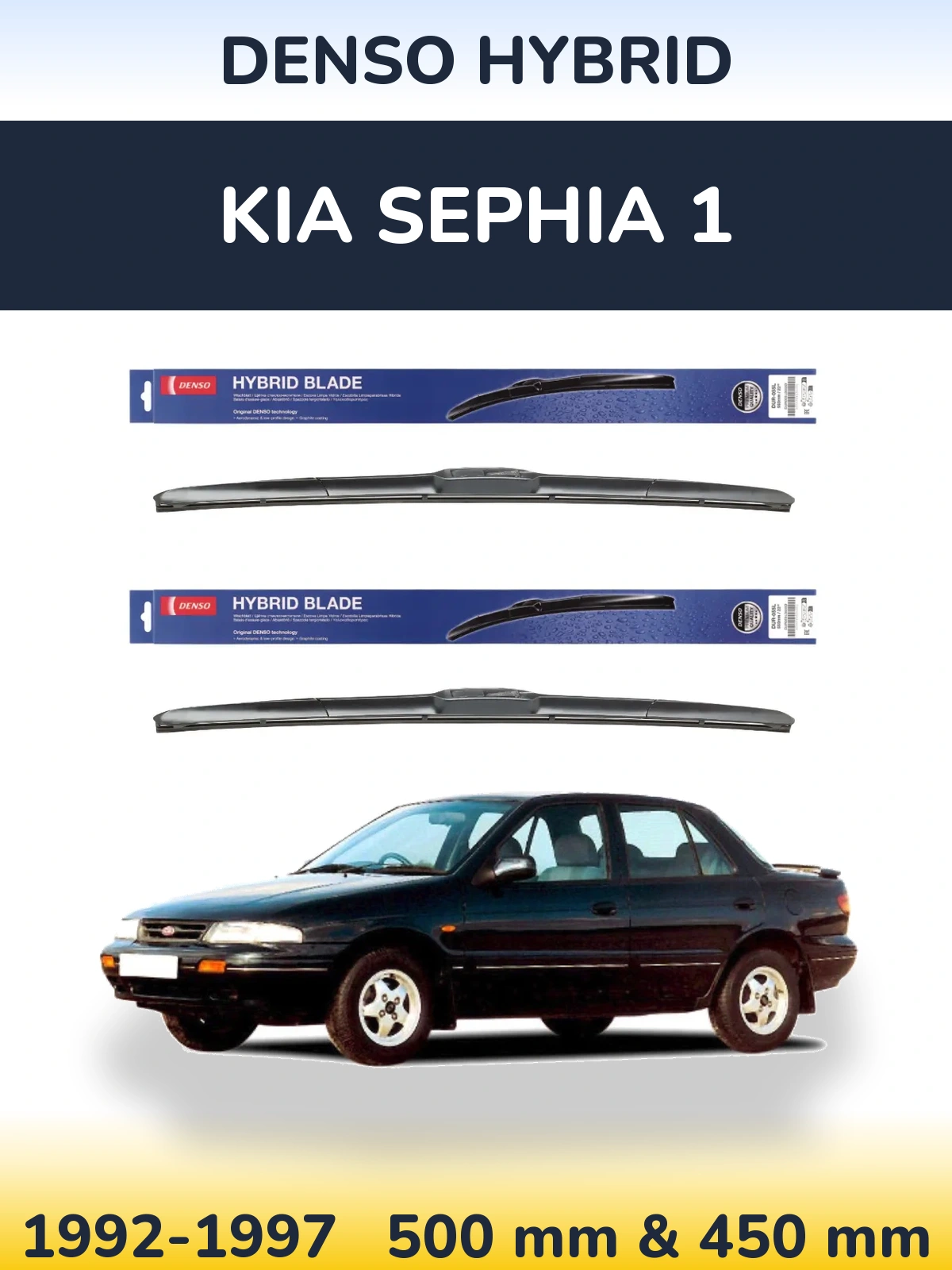 Sada předních stěračů Denso Hybrid 500 a 450 mm pro KIA Sephia 1 1992-1997