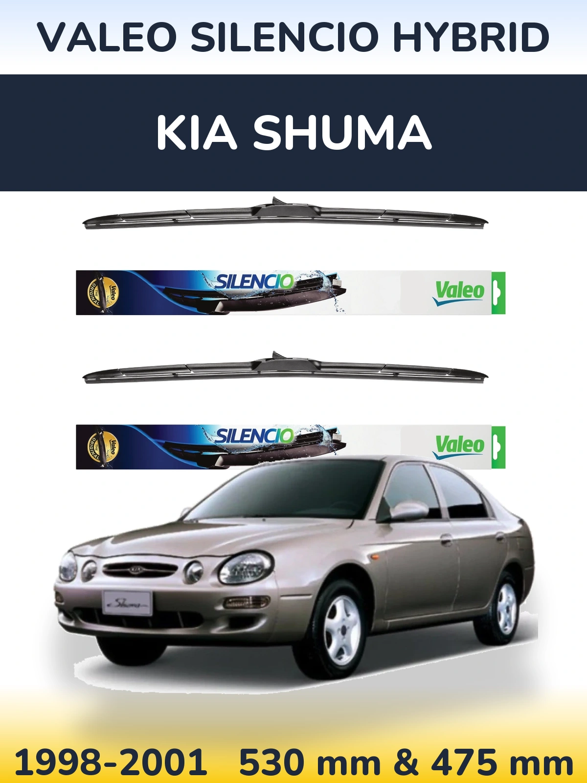 Sada předních stěračů Valeo Silencio Hybrid 530 a 475 mm pro KIA Shuma 1998-2001