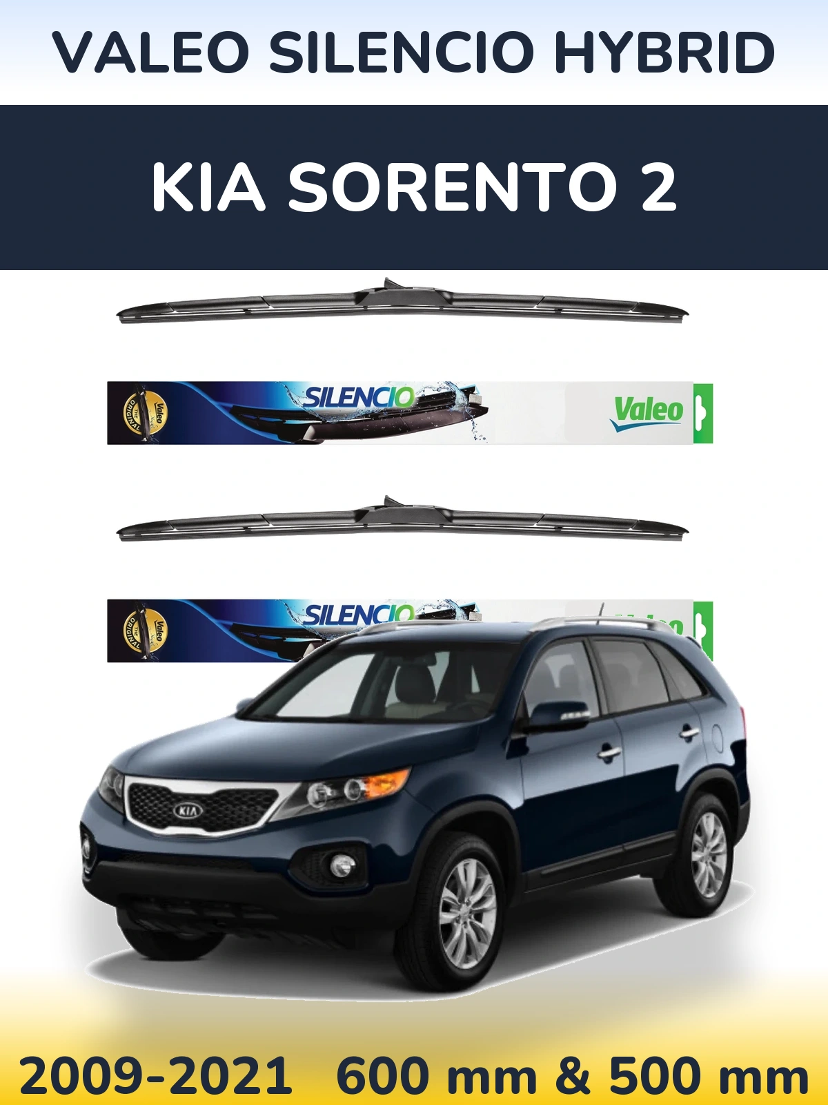 Sada předních stěračů Valeo Silencio Hybrid 600 a 500 mm pro KIA Sorento 2 2009-2021