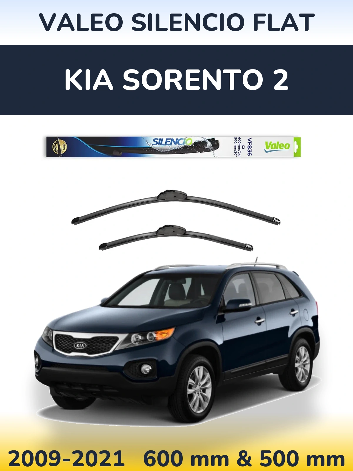 Sada předních stěračů Valeo Silencio Flat 600 a 500 mm pro KIA Sorento 2 2009-2021